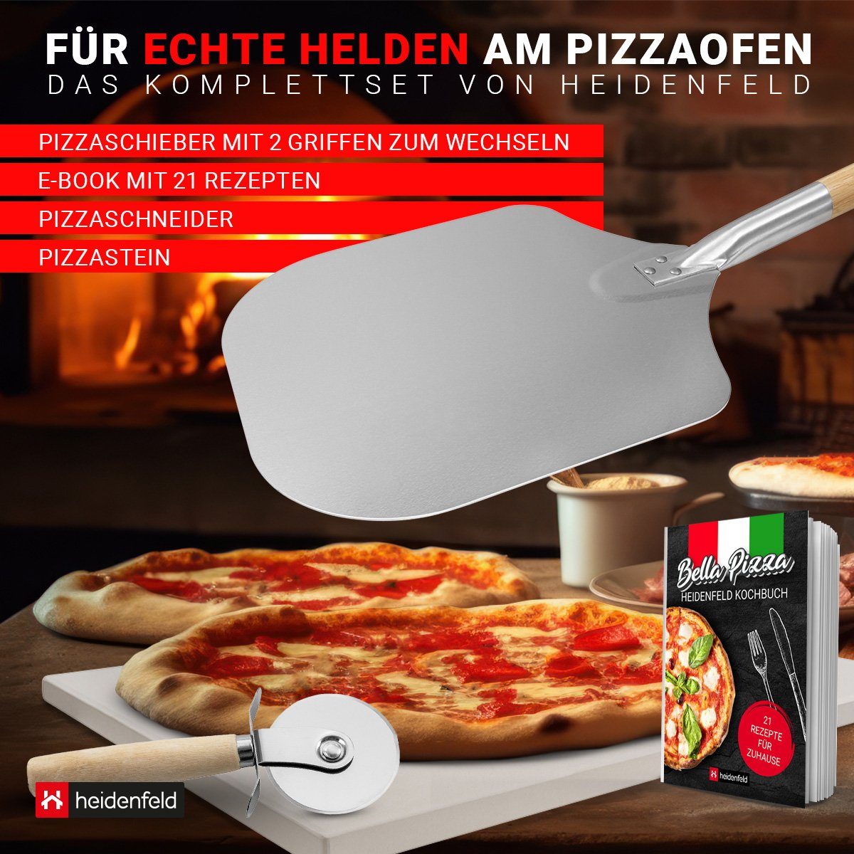 Heidenfeld Pizzastein 5in1 Pizza Set inkl. Pizzaschieber, Pizzaschneider & Rezeptbuch, Pizzastein aus Cordierit, (Pizza backen, 5-St., Pizzastein, Pizza Ofen, Pizza Pfanne), Pizzastein für Grill