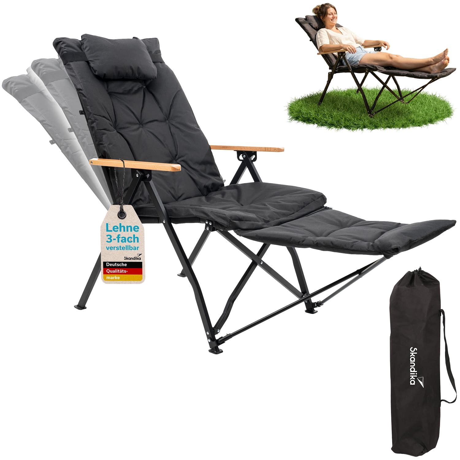 Skandika Campingstuhl Nojata Plus, Hochlehner faltbar, mit Fußablage & Kissen (3-fach verstellbare Rückenlehne, Max. Benutzergewicht 120 kg), Sitzhöhe 44 cm, 5,9 kg leicht, Sitzfläche 45 x 50 cm, Anti-Rutsch-Füße