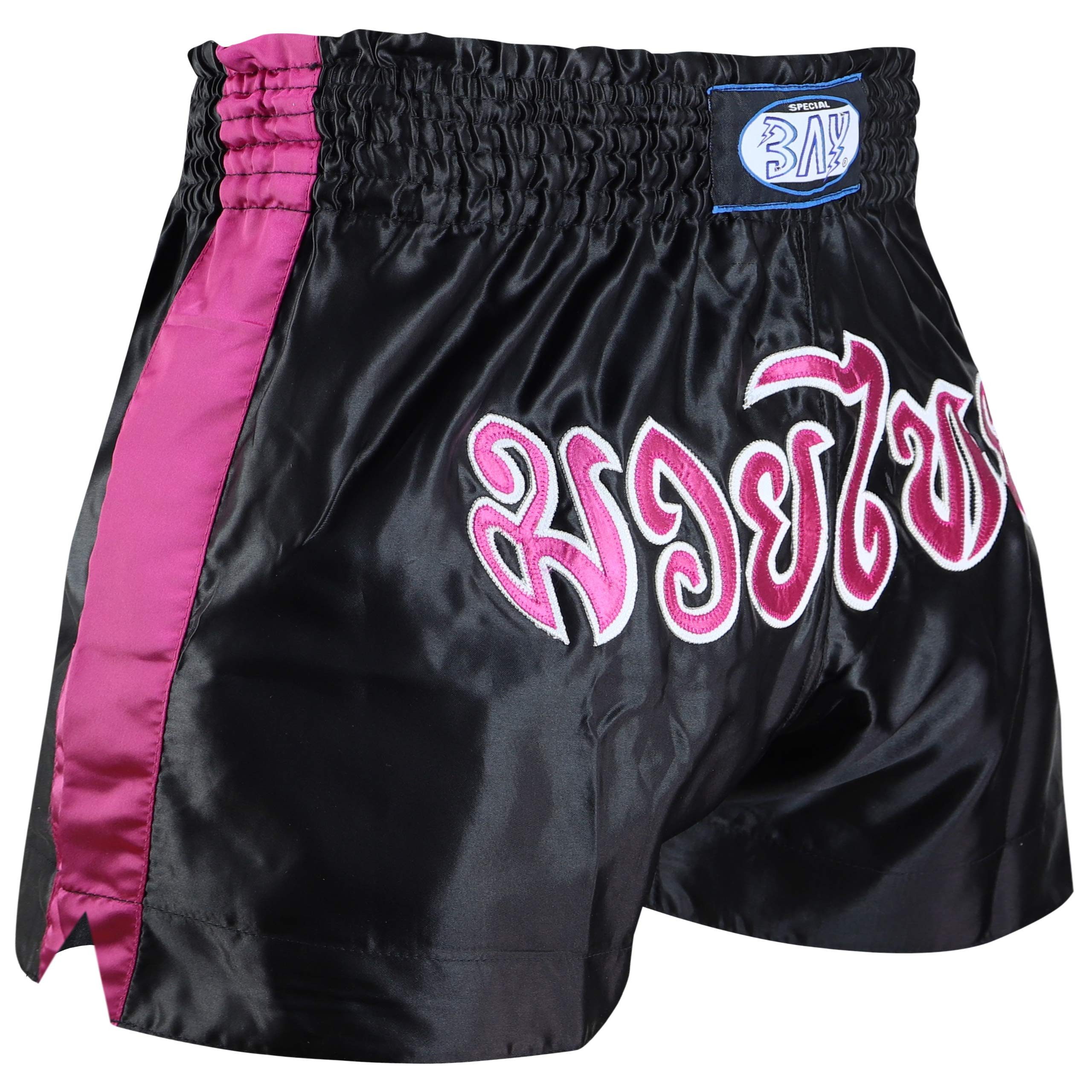 BAY-Sports Sporthose Thaiboxhose REMY Muay Thai Hose Shorts Thaiboxen MMA kurz Kickboxen kurze, leichte, locker sitzende Trainingshose, Schwarz/Pink/Weiß