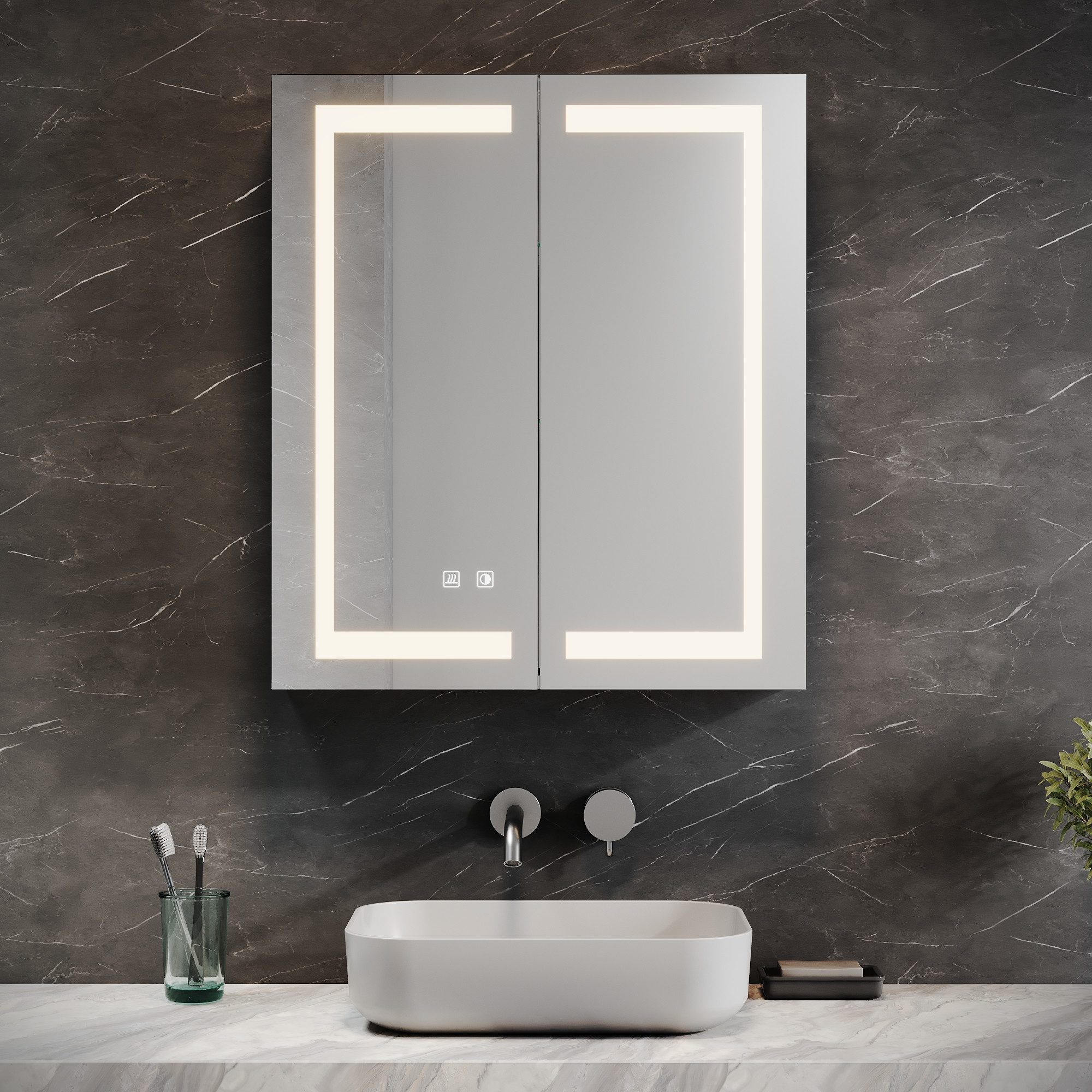 SONNI Spiegelschrank Spiegelschrank bad mit beleuchtung 60 x 70 cm 2-türig beschlagfrei mit Steckdose und Touchschalter Kalt/Warm/Neutral Licht, dimmbar