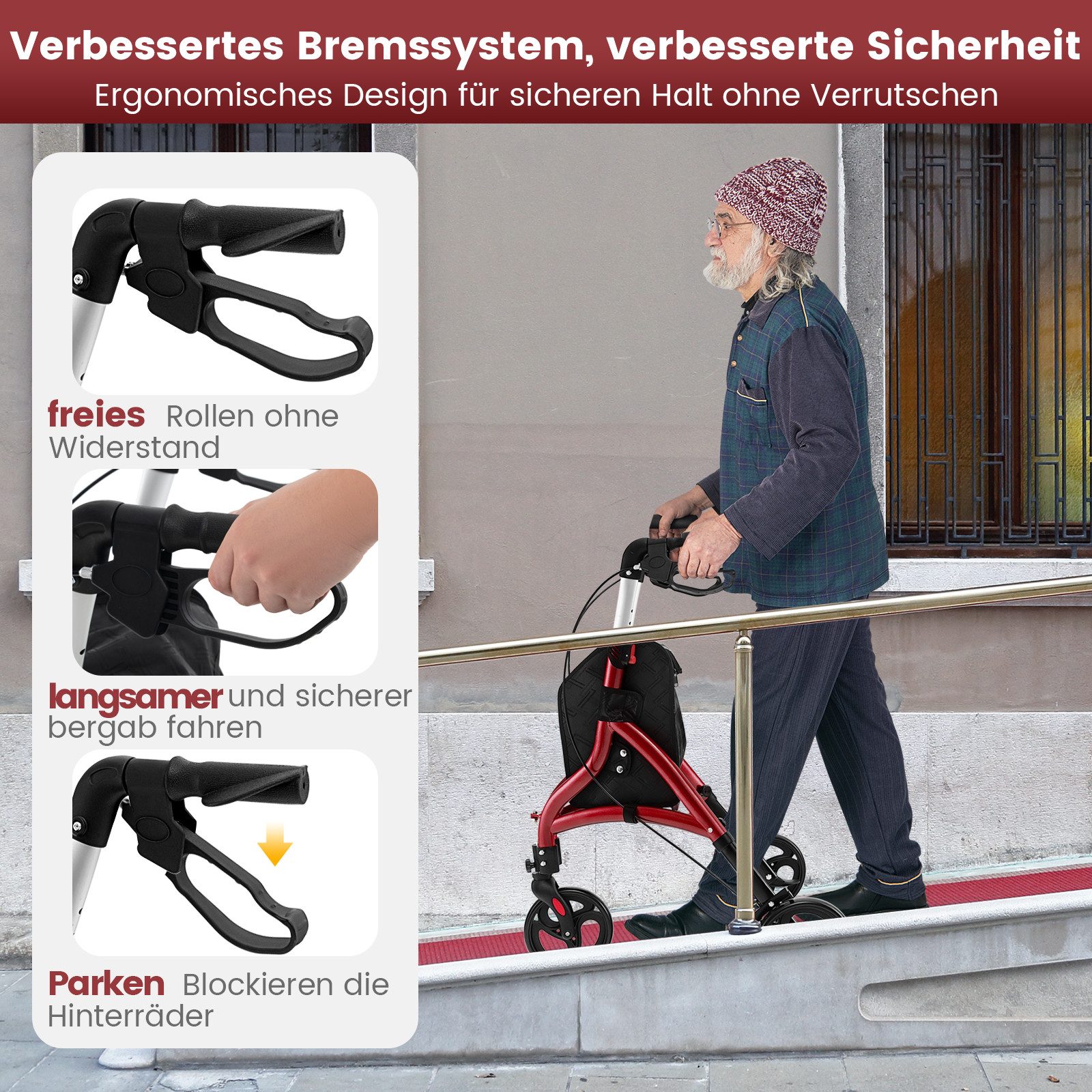 COSTWAY Rollator, Leicht und faltbar, mit großen Rädern, bis 150 kg