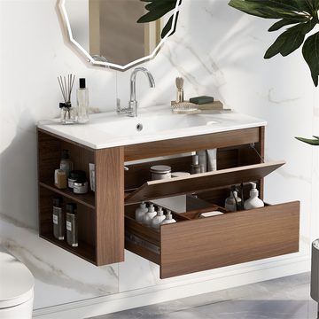 Sweiko Waschbeckenunterschrank mit Keramikwaschbecken, mit Schubladen Modernes Design Braun