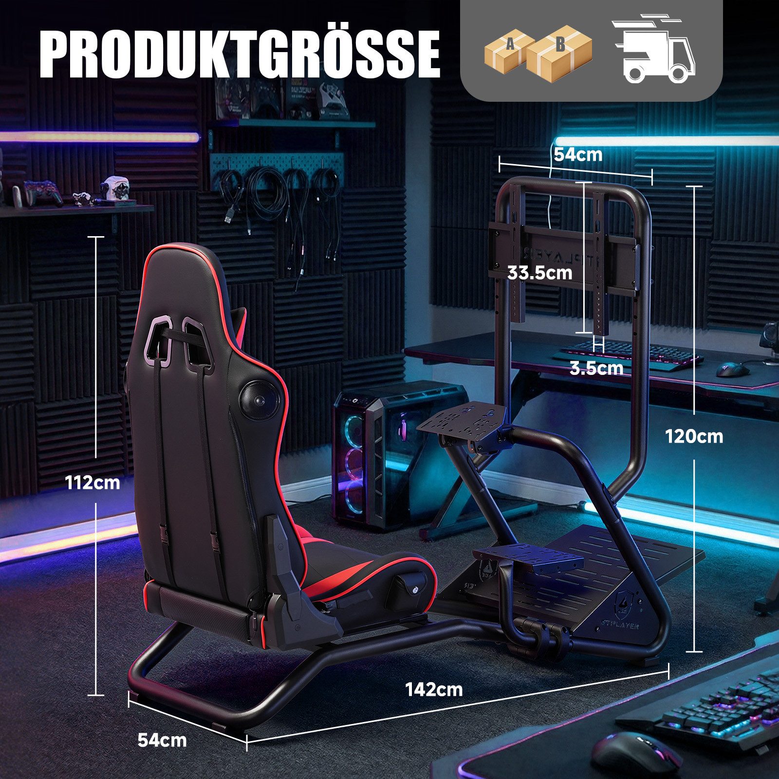 GTPLAYER Simulator Cockpit Rennsimulator lenkradständer mit 3D Lautsprechern Controller (Monitorhalterung Lenkradhalterung Schalthebelhalterung und Fußpedalen)