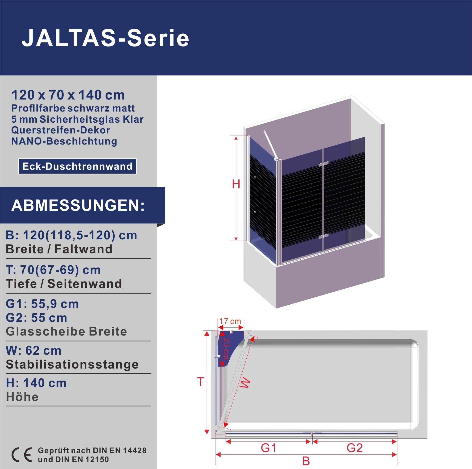 AQUABATOS Badewannenaufsatz Eck Glas mit Seitenwand schwarz 70x80 70x120cm, 5mm Einscheibensicherheitsglas mit Nano Beschichtung Spritzschutzwände Bad Duschwand – Bild 4 von 5
