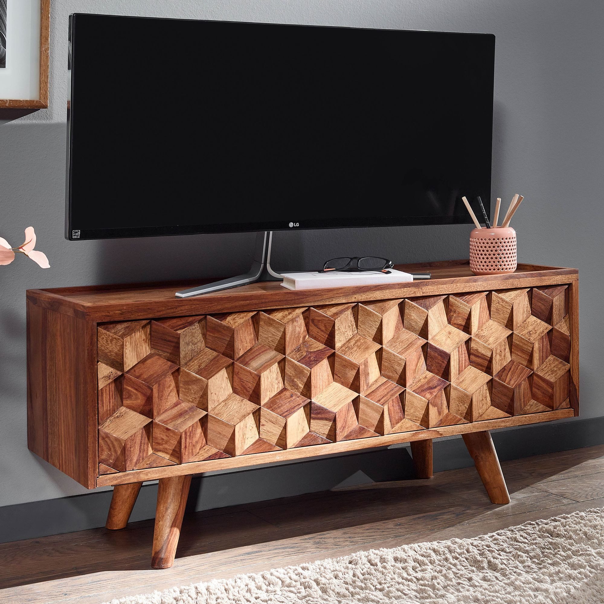 furnicato Lowboard TV-Unterschrank Massivholz Walnuss Finish 92x44x35 Braun (1 St), Klappbare Fernsehkommode mit Kabeldurchlass und Magnetstopper