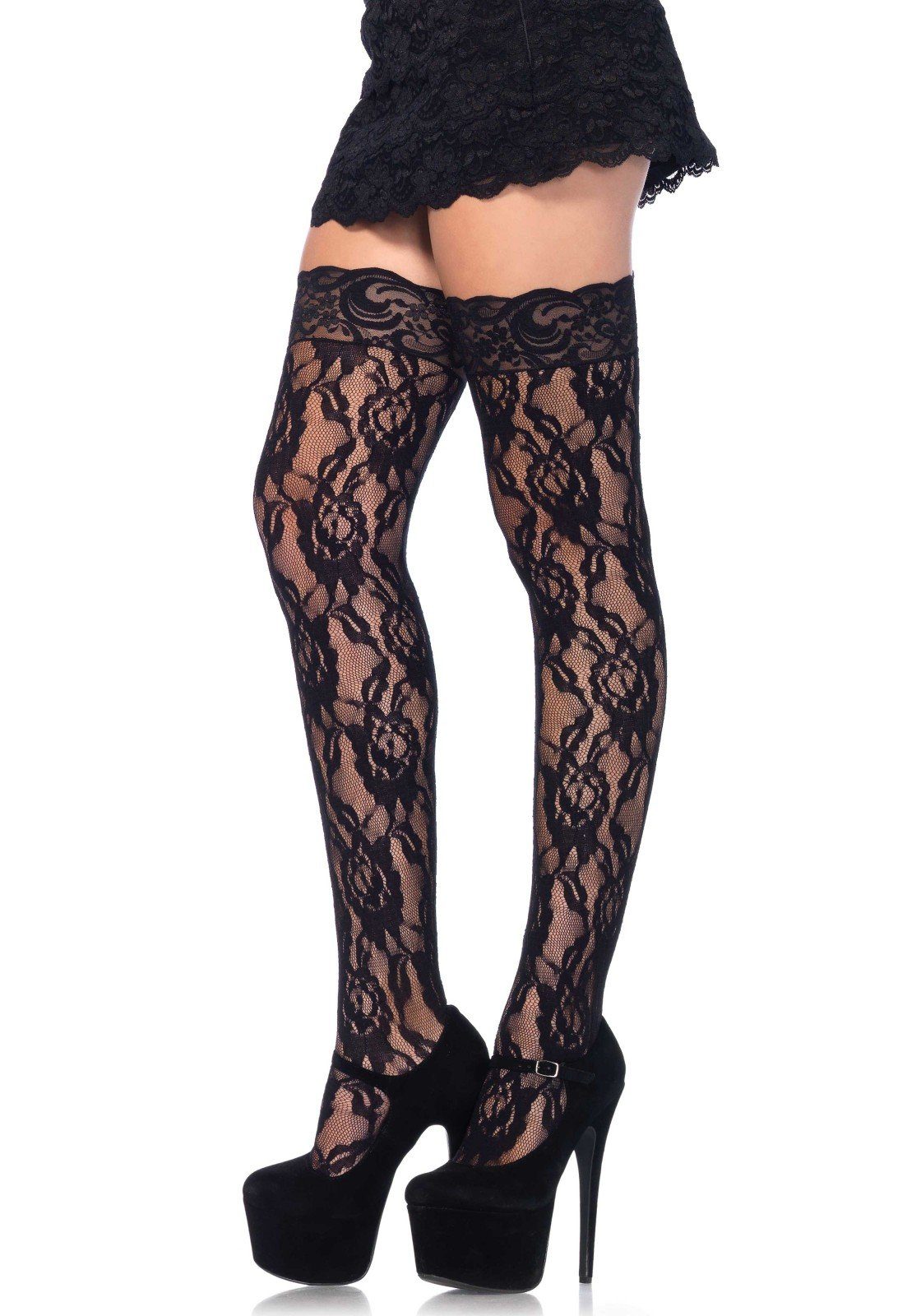 Leg Avenue Halterlose Strümpfe Damen halterlose Spitzen Strümpfe in schwarz Blumenmuster Einheitsgröße ca. 36 bis 40