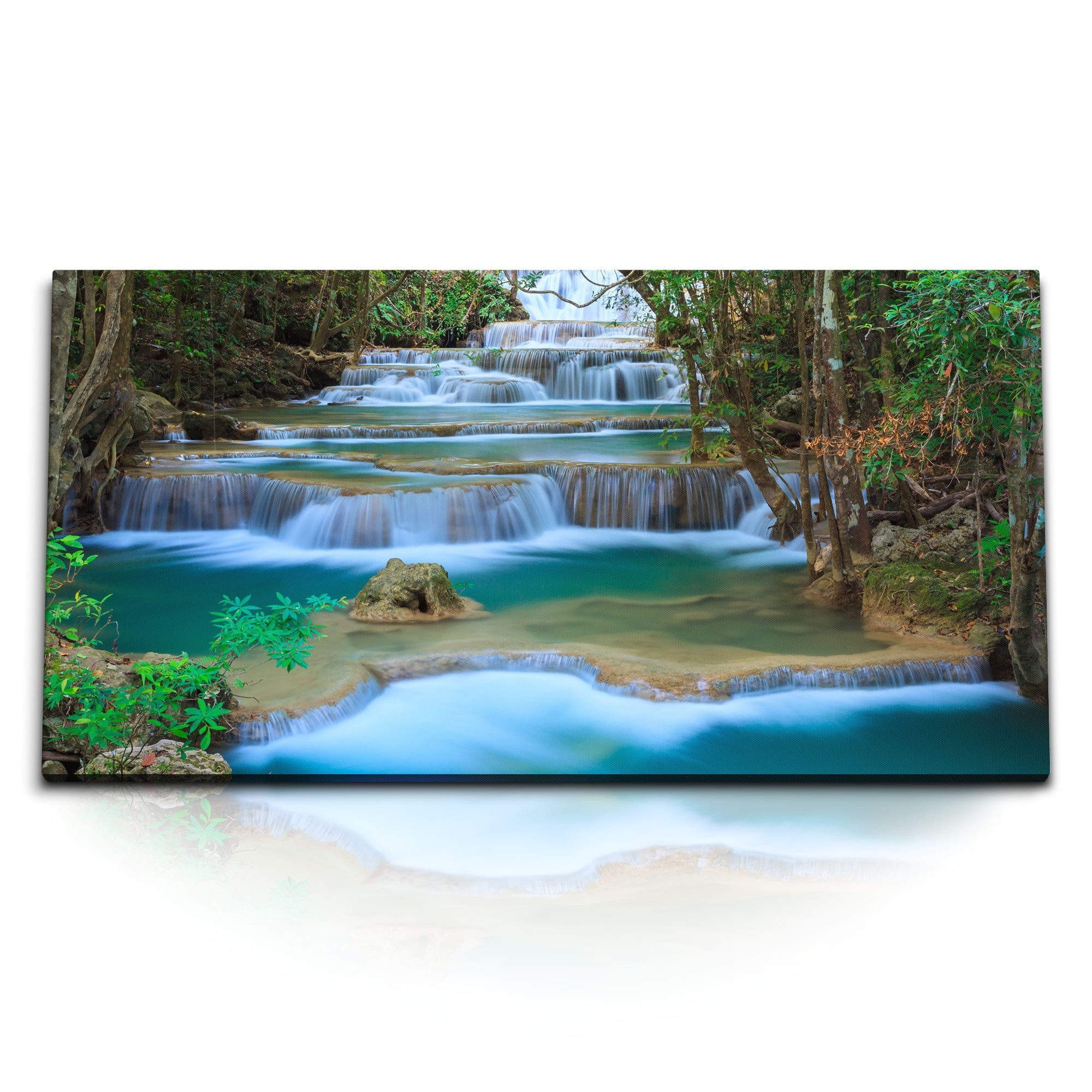 Leinwandbild Kunstdruck Bilder 120x60cm Wasserfälle Bach Dschungel Tropisch Blau