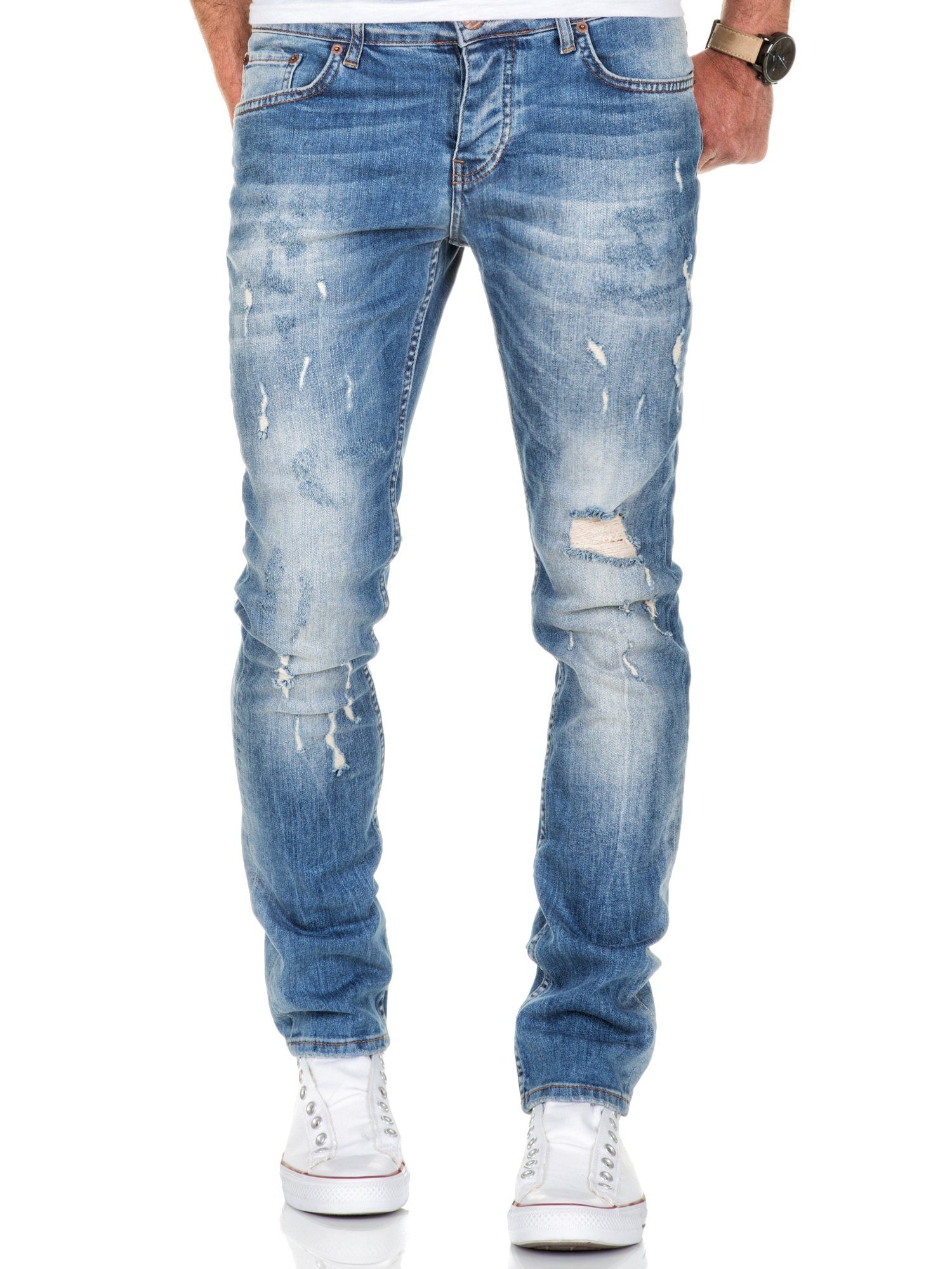 Fit Destroyed Slim Hose Slim-fit-Jeans Destroyed Hellblau FRESNO Denim Regular Herren Basic Jeans Slim Amaci&Sons