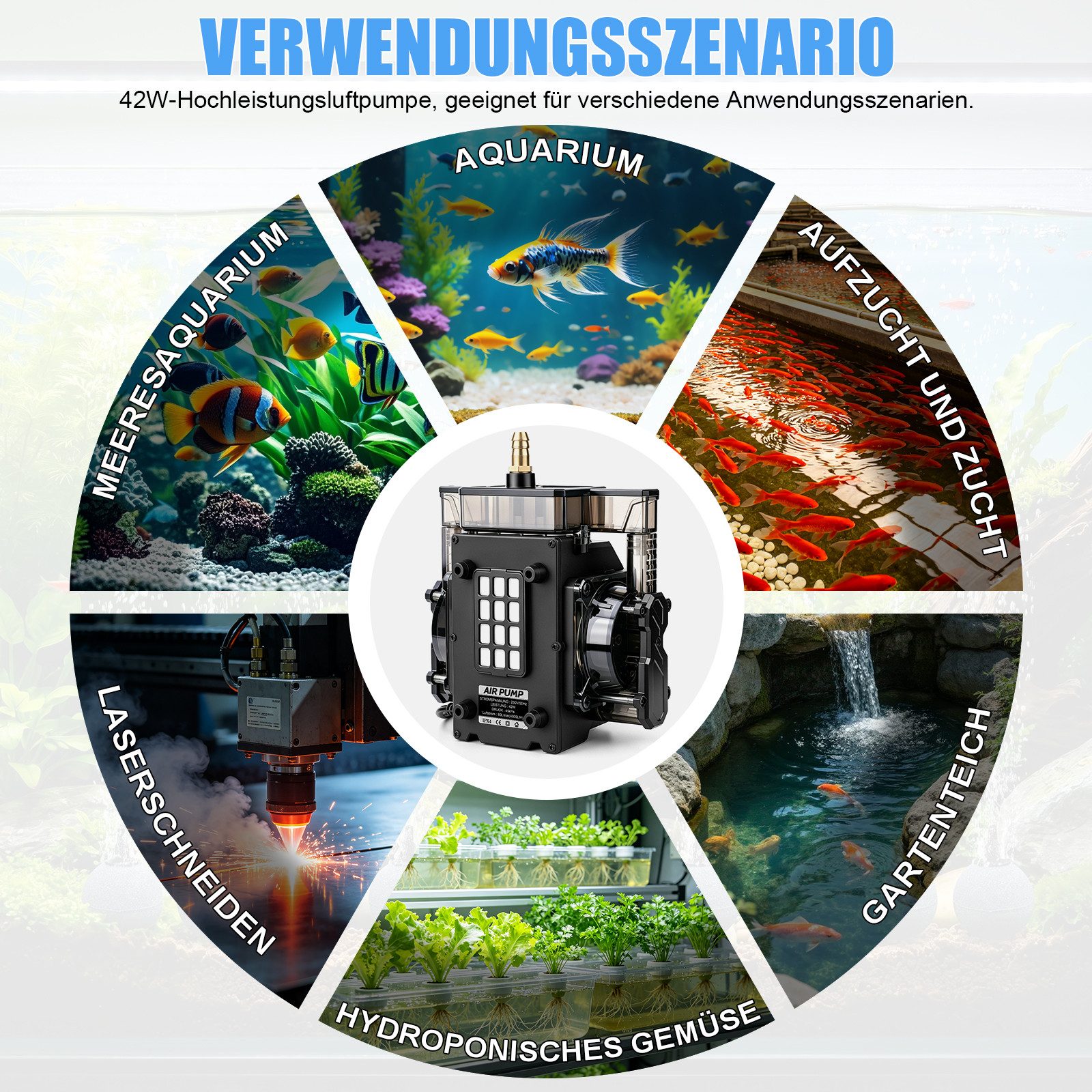 XERSEK Luftpumpe Aquarium Teichbelüfter mit 12 Luftstein Teichbelüftung Sauerstoffpumpe (Set, 42W, 45kPa, 80L/Min Flussregelbar, Dual-Kanal-Kupfermotor), für Aq – Bild 5 von 5