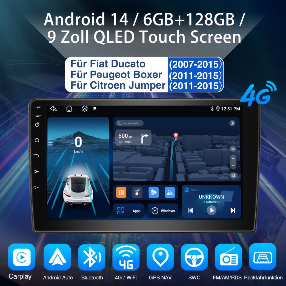 ESSGOO DAB+ Für Fiat Ducato 2006-23 6+128G Android 15 Carplay 4G WIFI GPS Autoradio (RDS, 6GB+128GB, 4G LTE, Digitalradio (DAB), FM, AM, Carplay Android Auto Bluetooth EQ USB GPS Navi WIFI Touchscreen)