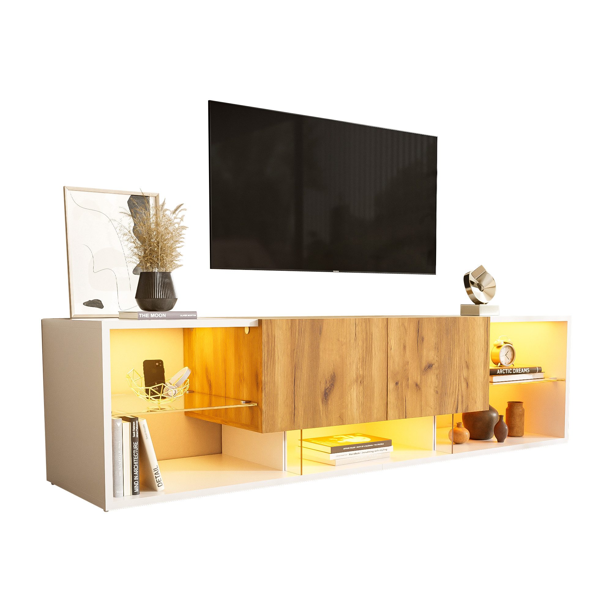 Merax Lowboard mit LED-Beleuchtung (1 St), TV-Schrank Fernsehschrank mit Glasablage und 2 Schubladen, 160x40x42cm