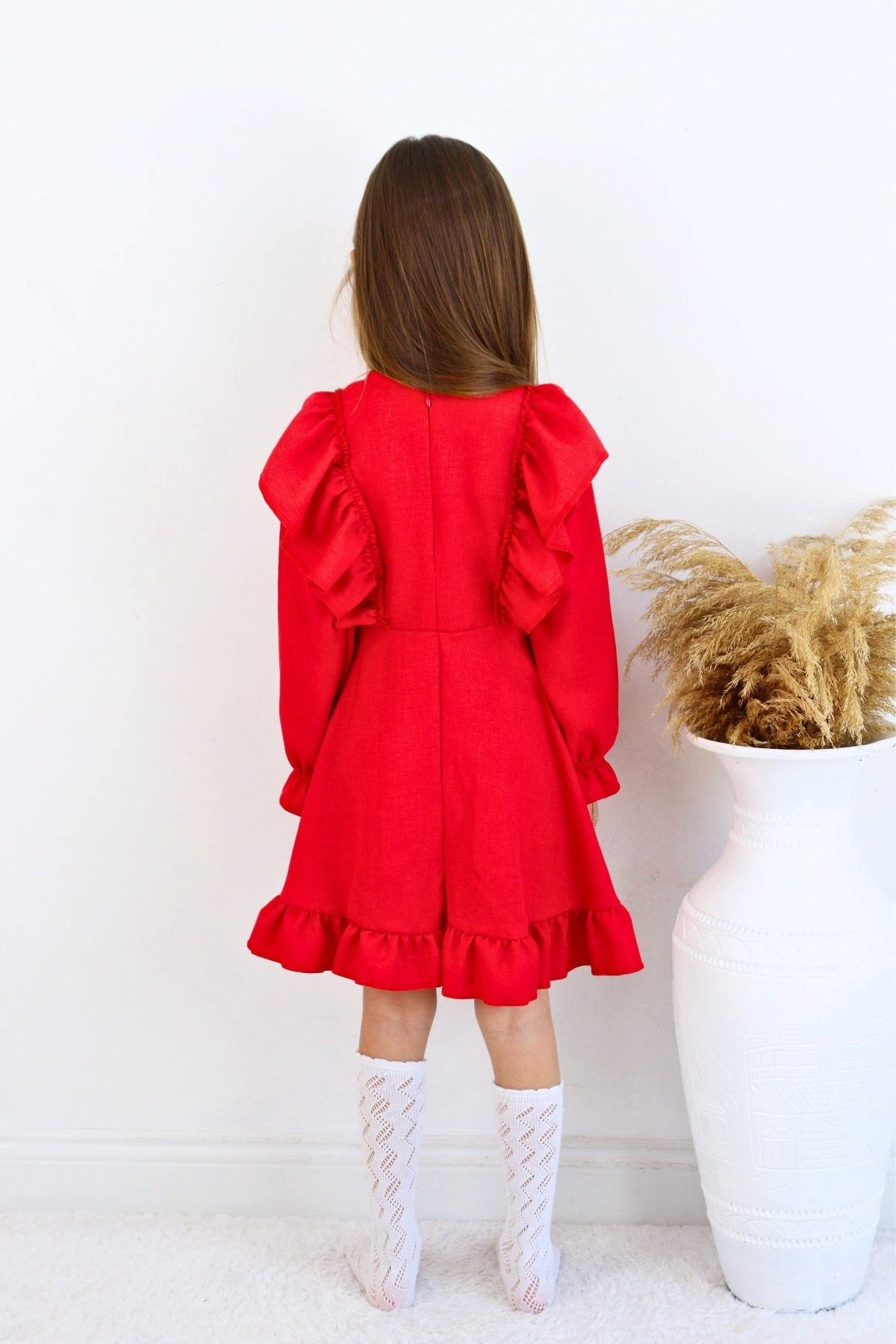 Parla Kids Sommerkleid Rotes Mädchen Leinenkleid – Langarm mit Rüschen