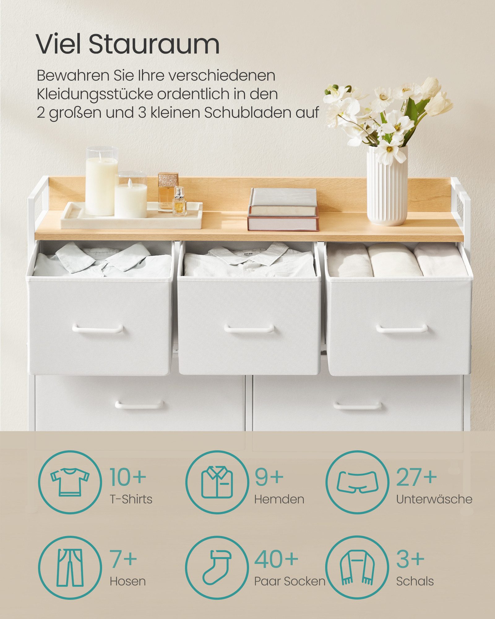 SONGMICS Kommode Schrank Schlafzimmer, Stahlrahmen, Sideboard, Aufbewahrungsschrank 5 Stoffschubladen mit Griffen