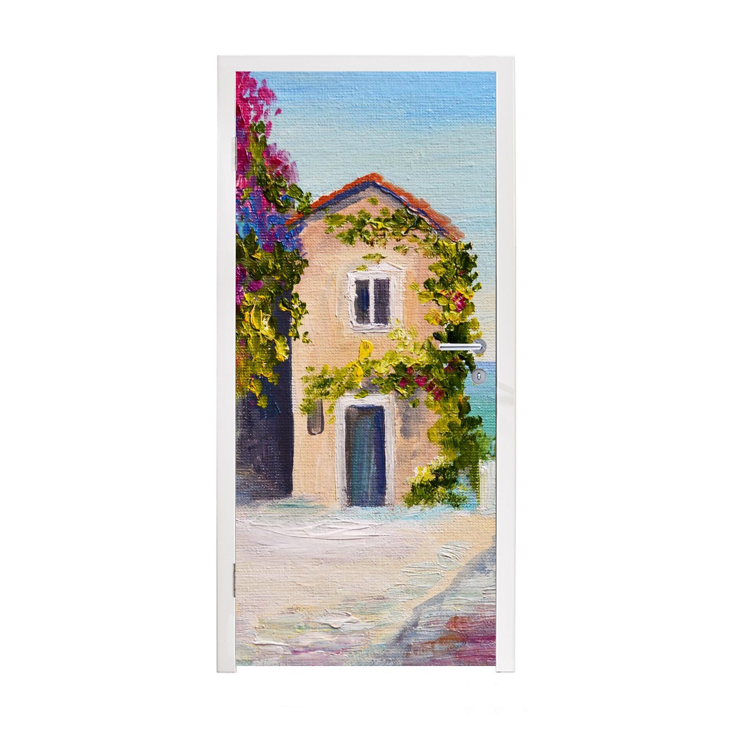 MuchoWow Türtapete Malerei - Haus - Ölfarbe - Dorf, Matt, bedruckt, (1 St), Fototapete für Tür, Türaufkleber, 75x205 cm