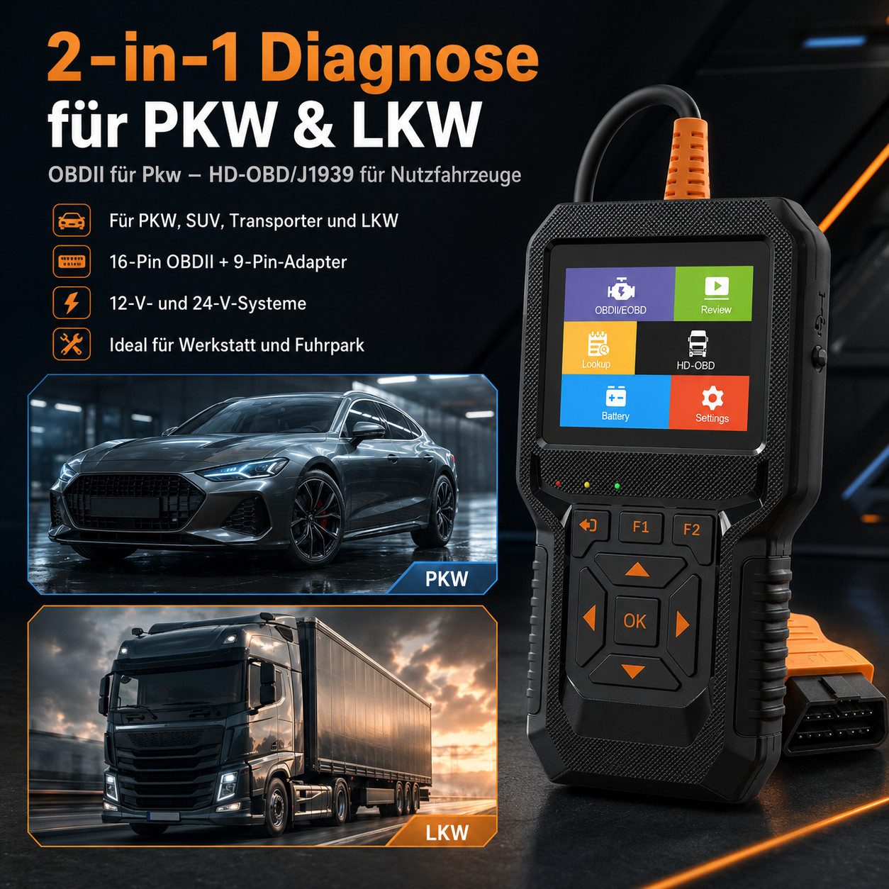 Tekoo OBD2-Diagnosegerät KFZ Diagnosegerät OBD2 Scanner für PKW & LKW, 12V/24V Fehlerleser, Packung, 4-teilig, 2-in-1 Diagnose für PKW & LKW, Smog-Check Funktion
