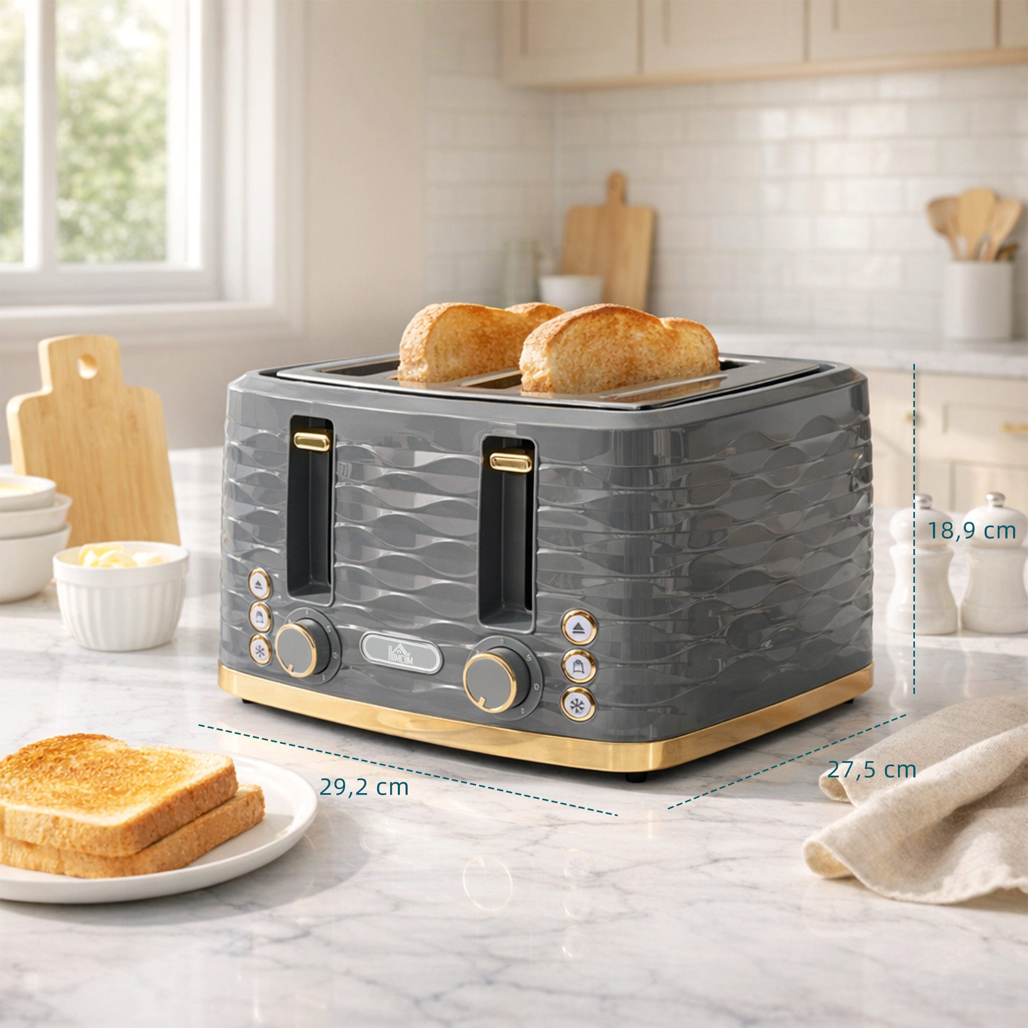 HOMCOM Toaster, 4 kurze Schlitze, für 4 Scheiben, 1860 W, Automatische Abschaltung, 7 Bräunungsstufen