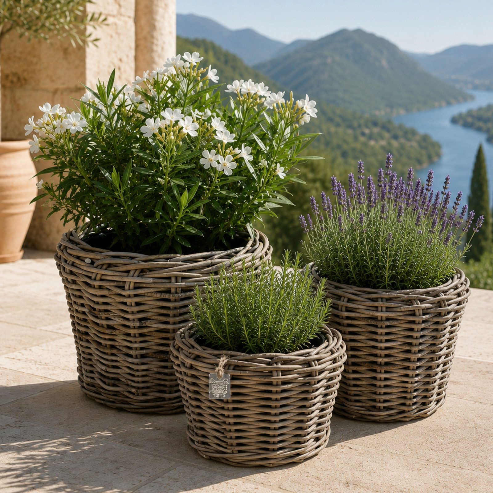 Van der Leeden Blumentopf Pflanzkorb Pflanzentreppe Rattan 3tlg Korb Pflanzkübel (Set, 3 St., Packung), Indoor & Outdoor, 3 Größen, Rattan, Handmade, ohne Wasserablauf