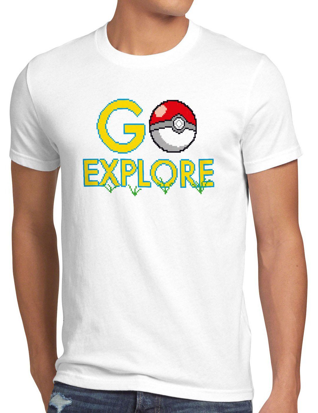 style3 Print-Shirt Herren T-Shirt Go Explore poke game app team pokeball pikachu pokespot arena boy weiß