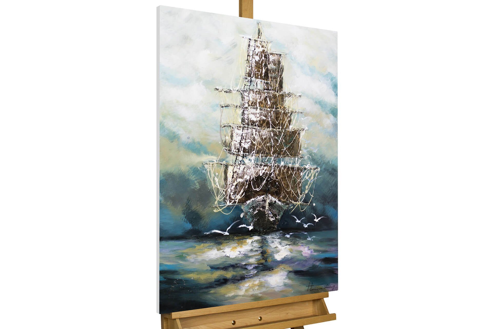 KUNSTLOFT Gemälde Ahoi Piratenschiff 60x90 cm, Leinwandbild 100% HANDGEMALT Wandbild Wohnzimmer