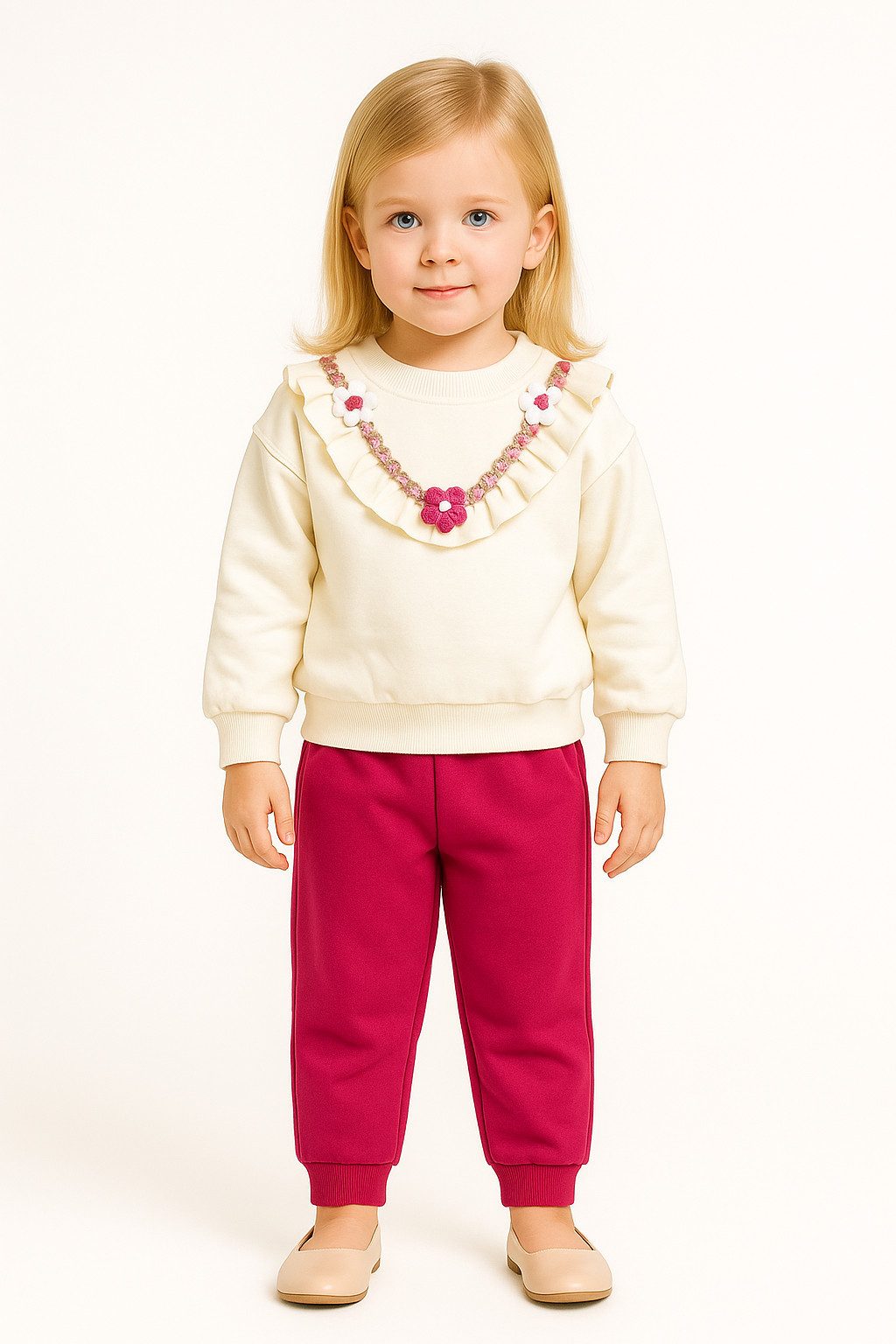 Lorey Medtec Freizeitanzug Mädchen Outfit, 2er Set, Pullover, Hose, 100 % Baumwolle, Pink-Weiß (Pullover + Hose)