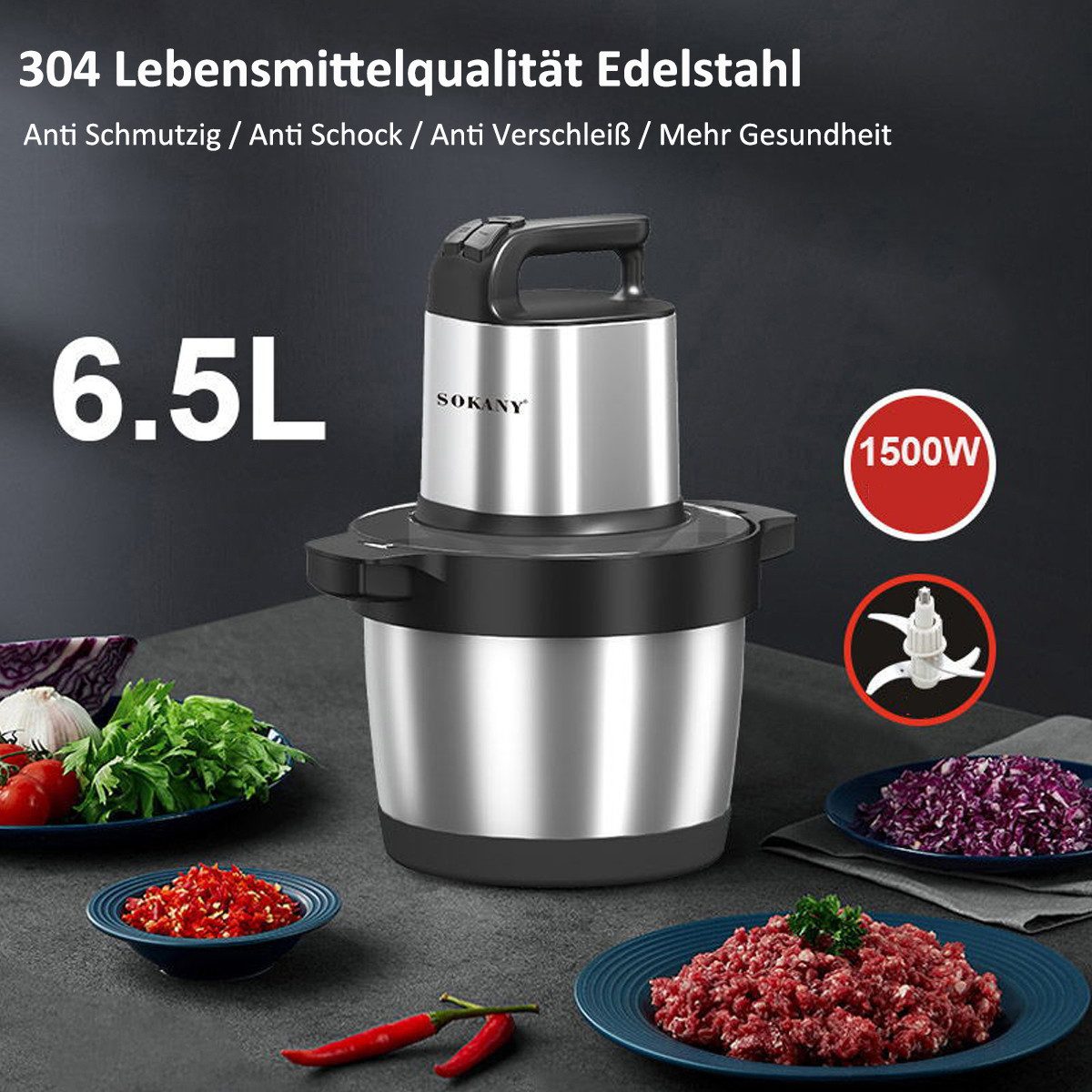 SOKANY Zerkleinerer Küche Elektrisch Groß 6,5L Multizerkleinerer, 1500 W