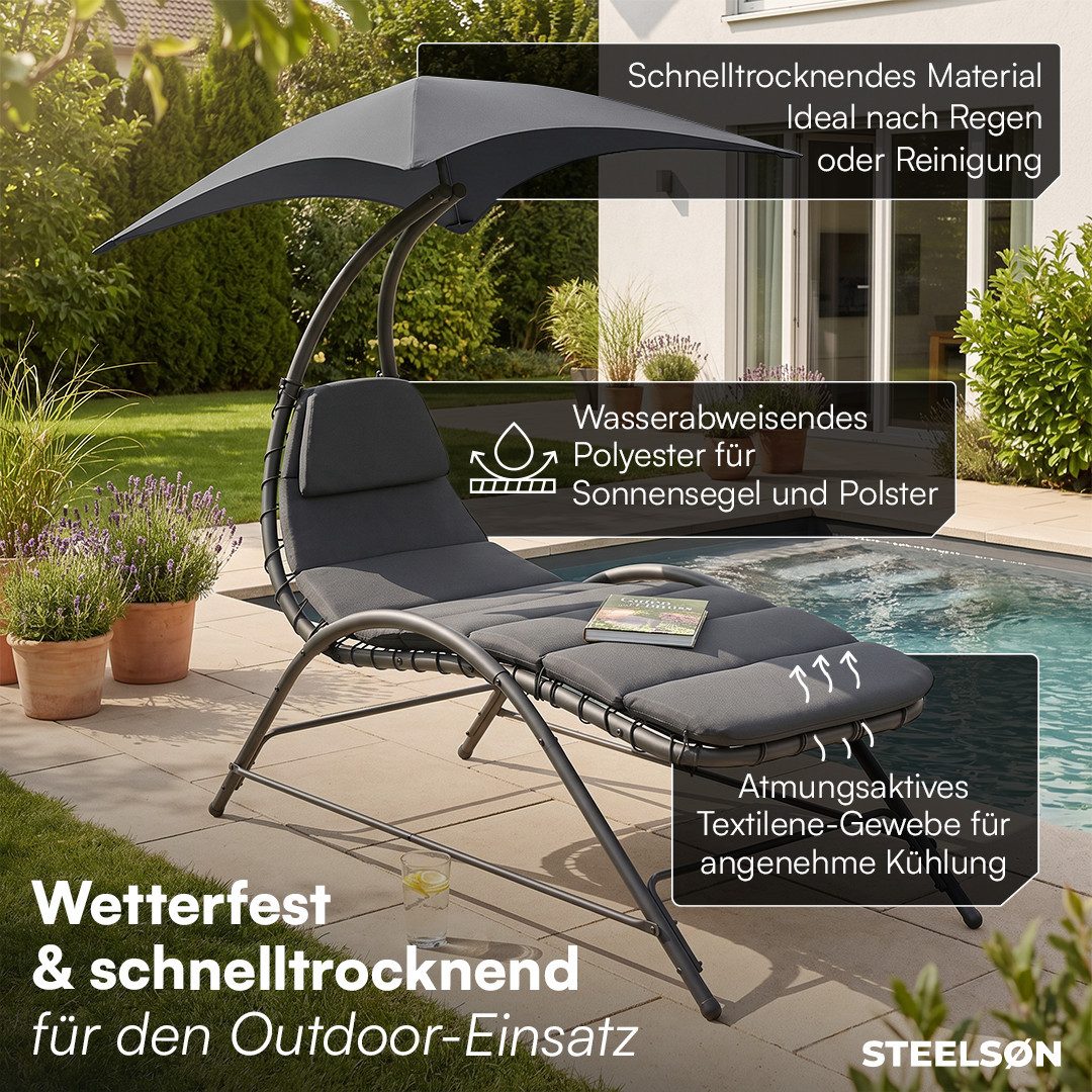 STEELSØN Gartenliege Nyria Sonnenliege mit Sonnendach, anthrazit, Liegestuhl mit Kissen, wetterfest, Relaxliege bis 120kg, Stahlgestell – Bild 5 von 5