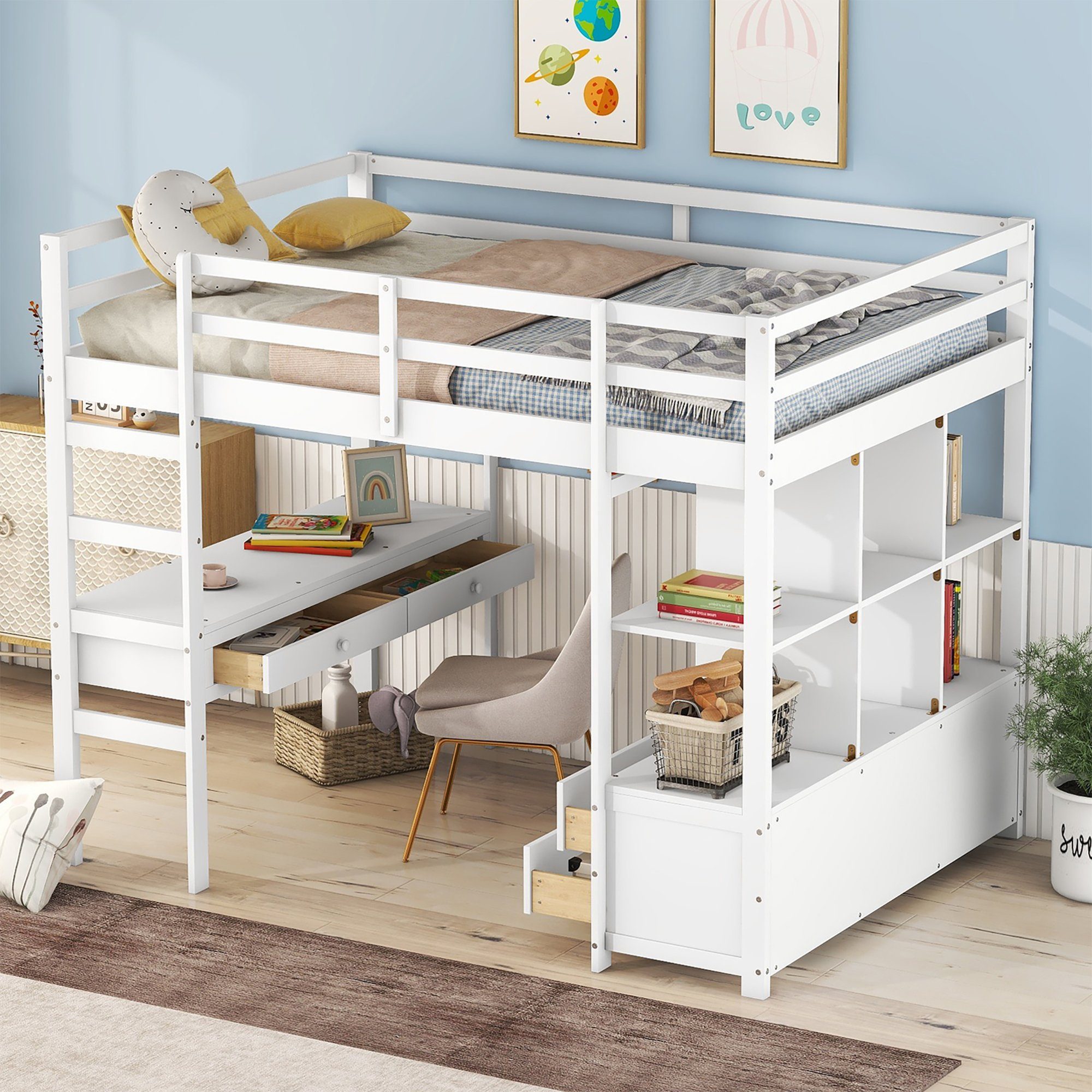 Ulife Hochbett Kinderhochbett mit Stauraumschubladen und Unterbettschreibtisch 90 × 200 cm Weiß | Weiß