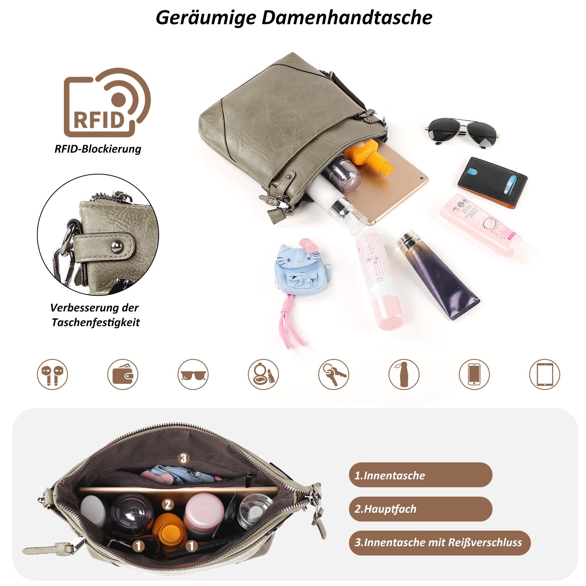 TANTOMI Umhängetasche Damen Schultertasche Mittelgroß mit Vielen Fächern Freizeit leicht, Damen Handtasche Henkeltasche Schultertasche Crossbody Bag – Bild 4 von 5