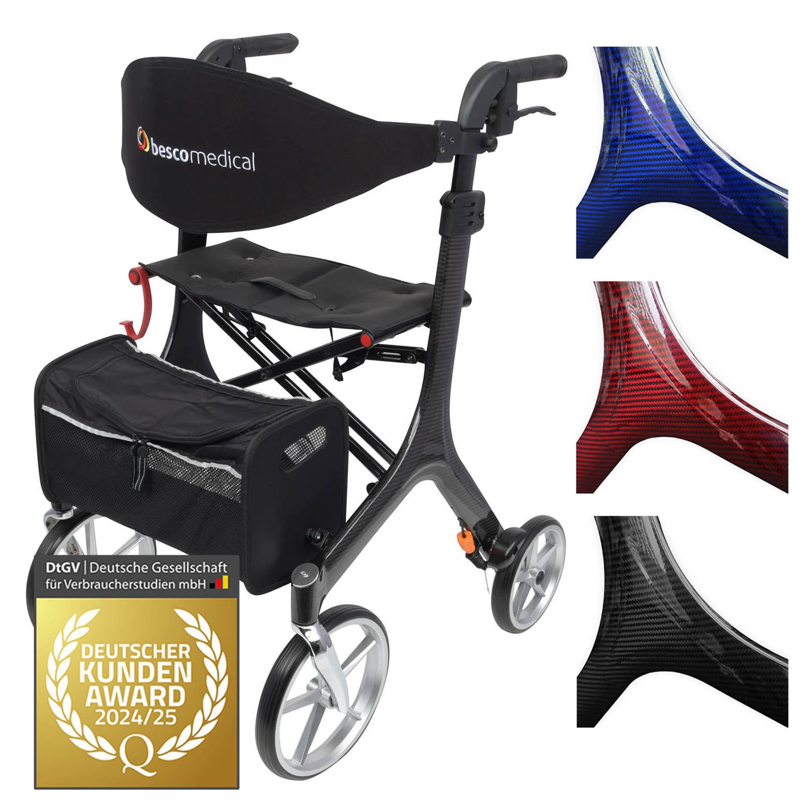 bescomedical Rollator CARBON - Premium Leichtgewichtrollator - faltbar & höhenverstellbar, ultra leichte Gehhilfe - mit Rückengurt, Netztasche und Stockhalter
