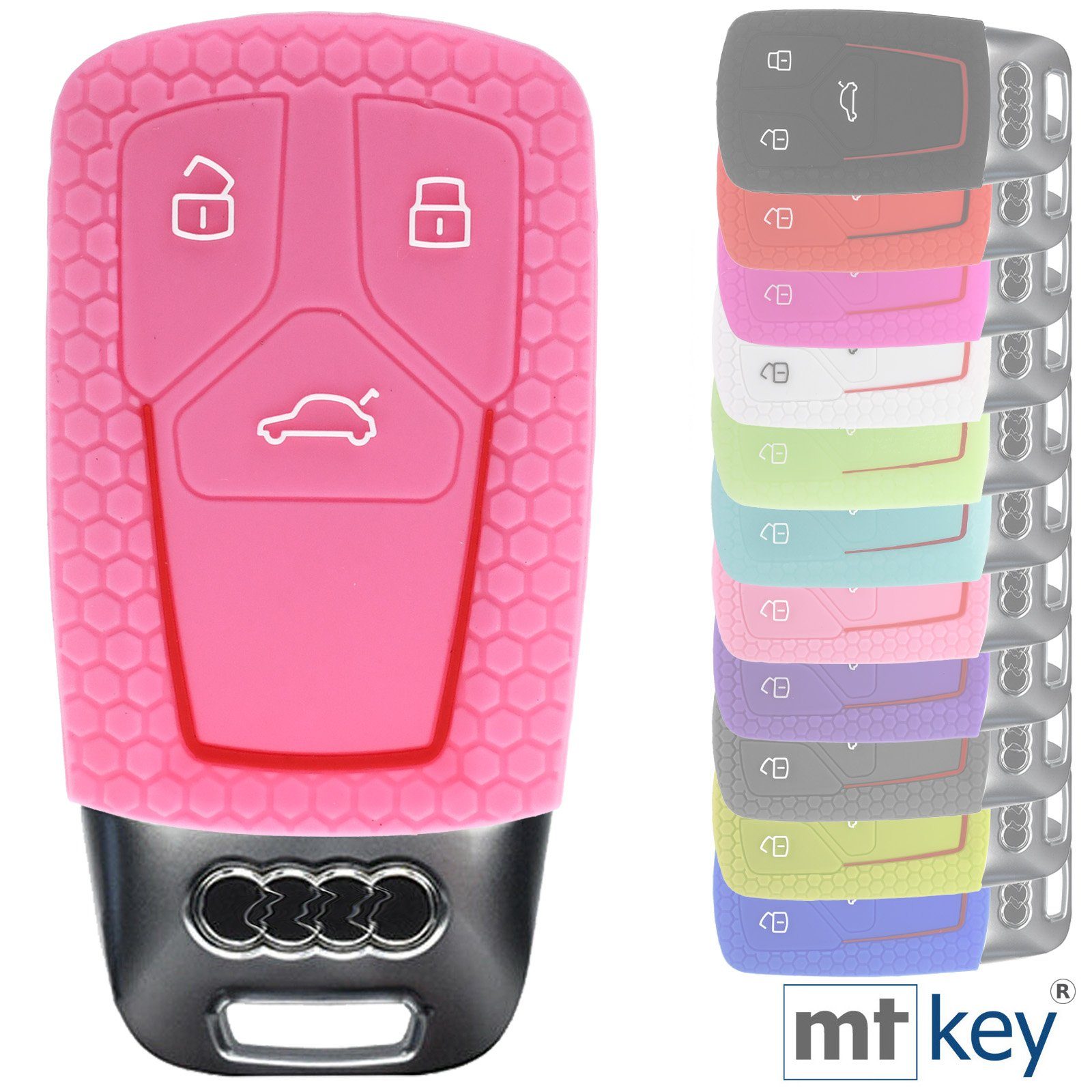 mt-key Schlüsseltasche Autoschlüssel Softcase Silikon Schutzhülle im Wabe Design Rosa, für Audi A4 A5 A6 A7 TT Q2 Q5 Q7 A8 Q8 3 Tasten KEYLESS SMARTKEY
