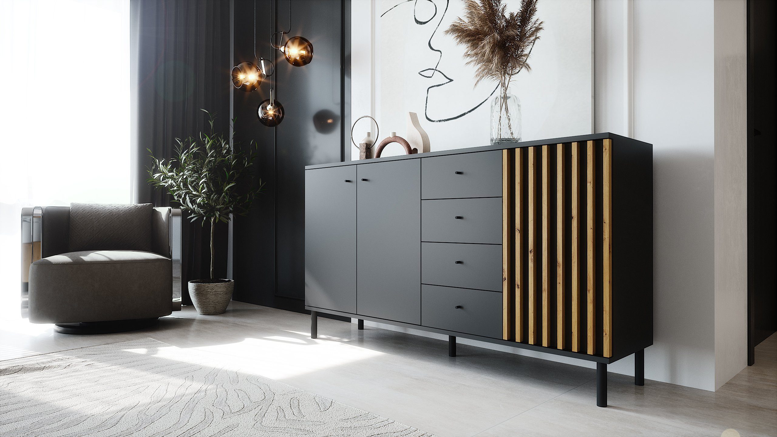 Newroom Sideboard Ebono, Schwarz Sideboard Modern Wandpaneel Vintage Highbo günstig online kaufen