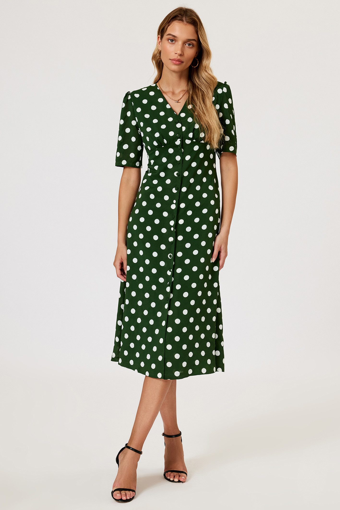 FS Collection Wickelkleid Damen Sommerkleid Freizeitkleid Wickelkleid Maxikleid V-Ausschnitt (XS (EU:36 / UK:8) · S (EU:38 / UK:10) · M (EU:40 / UK:12) · L (EU:42 / UK:14) · XL (EU:44 / UK:16), 4 Farben: Braun-Blau, Schwarz-Braun,Dunkelgrün gepunktet, Oliv-Schwarz) Wickeloptik, V-Ausschnitt, Bindegürtel, Flatterärmel