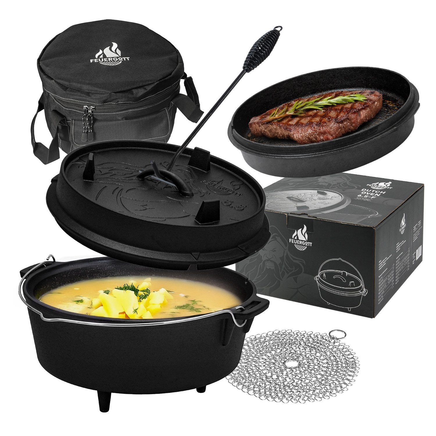 Feuergott Grilltopf FEUERGOTT Dutch Oven mit Füßen Set 6,5 l