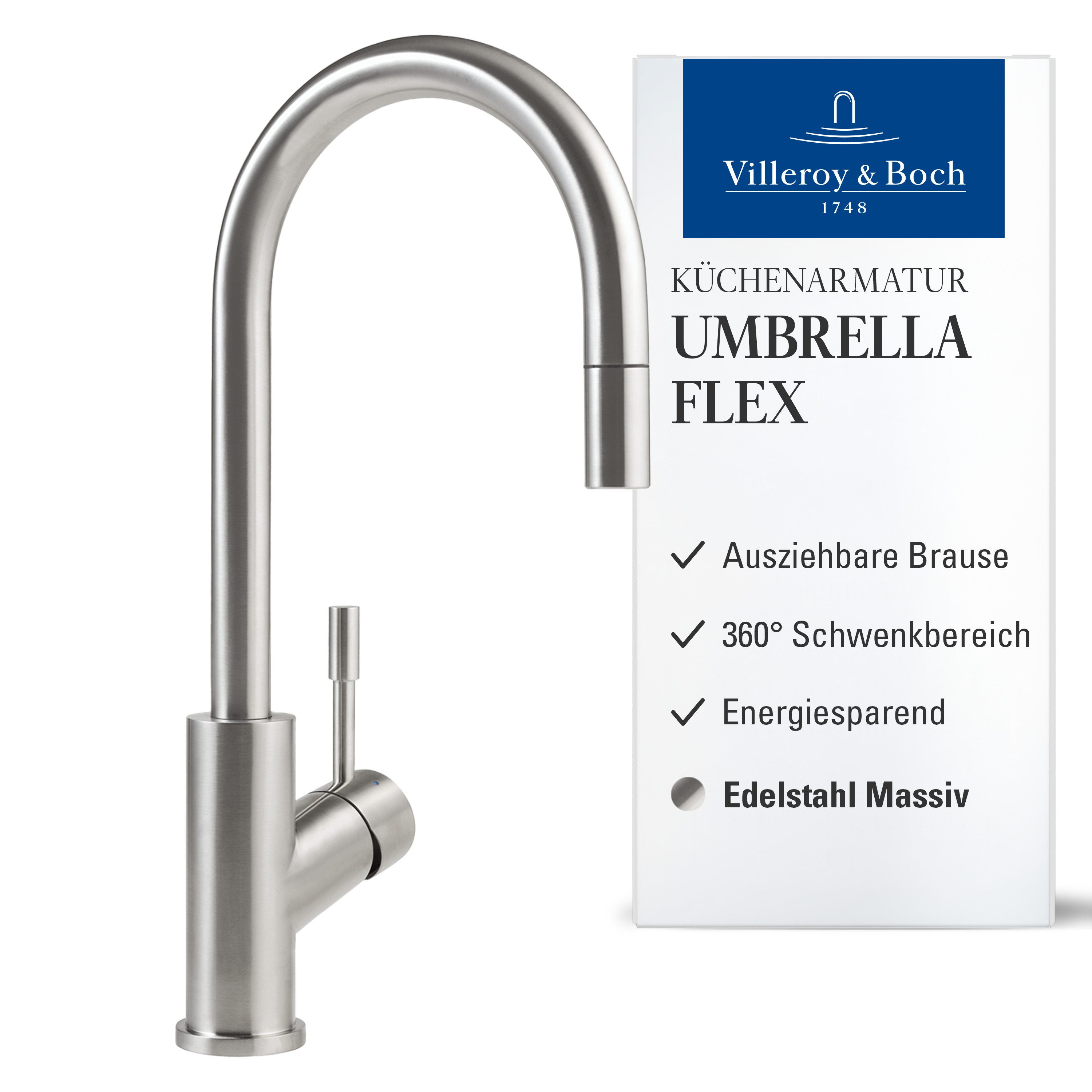 Villeroy & Boch Küchenarmatur Umbrella Flex ausziehbare Handbrause, 360° Schwenkbereich, Edelstahl massiv