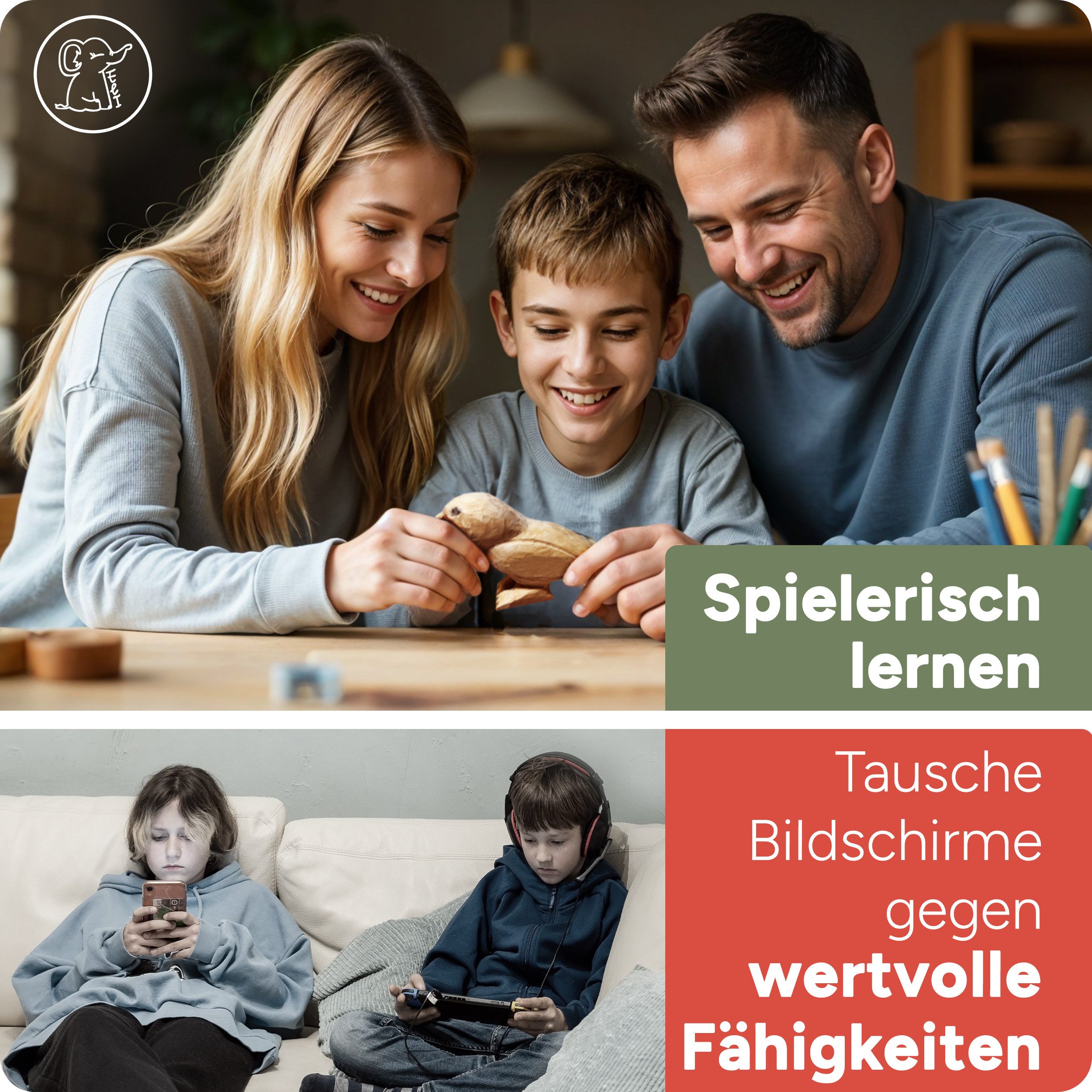 Eli Taschenmesser Schnitzmesser Kinder - Kindermesser - Schnitzset - Kindertaschenmesser, (Schnitzrohling Vogel - schnittfeste Handschuhe - Beidhändig - rostfreier Stahl, 15 St., Kinderschnitzmesser - Griffe aus Buchenholz), Schnitzwerkzeug - Outdoor Messer