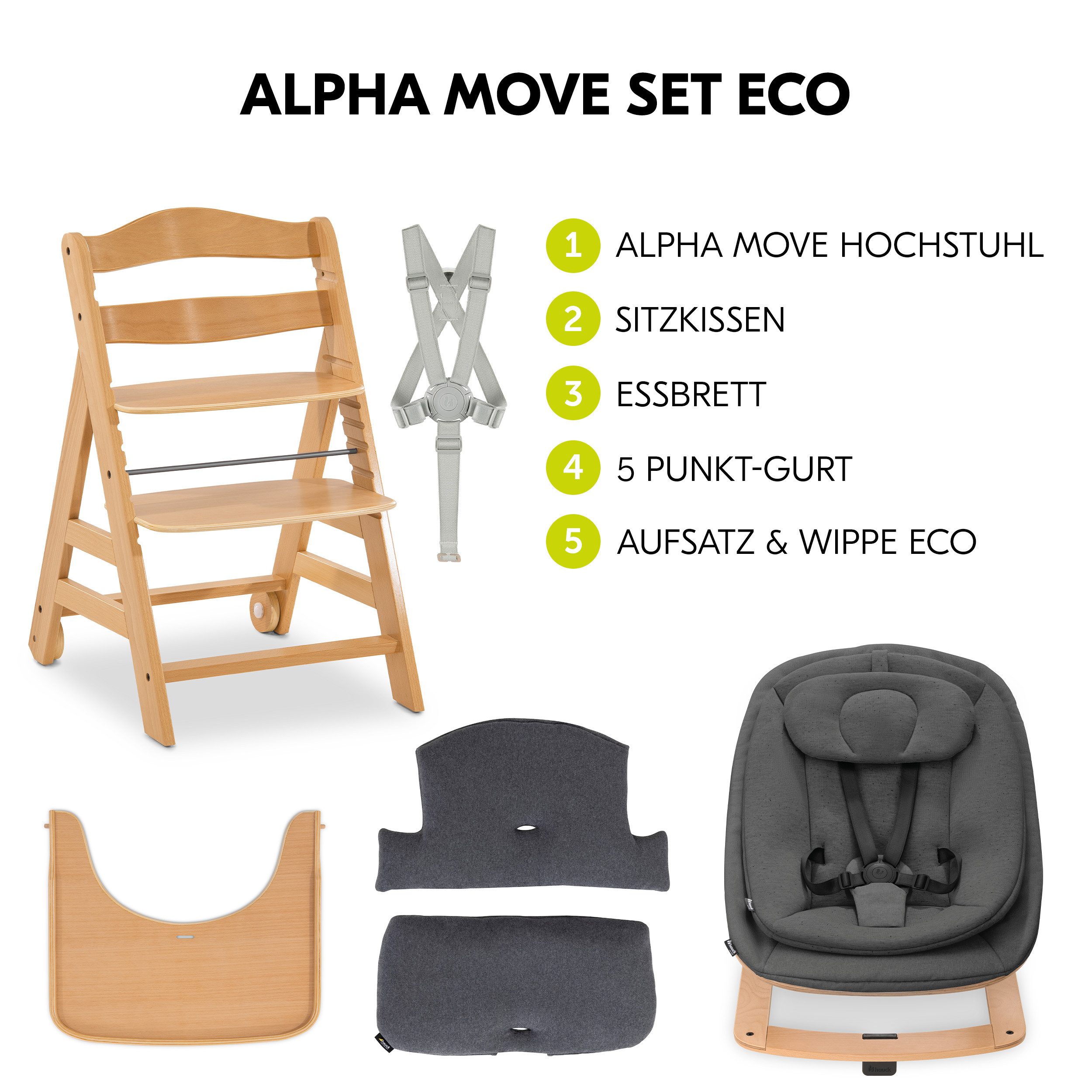 Hauck Hochstuhl Alpha Move Newborn Set Eco - Deep Grey - Natur, Holz Babystuhl ab Geburt mit Neugeborenensufsatz, Sitzkissen, Essbrett