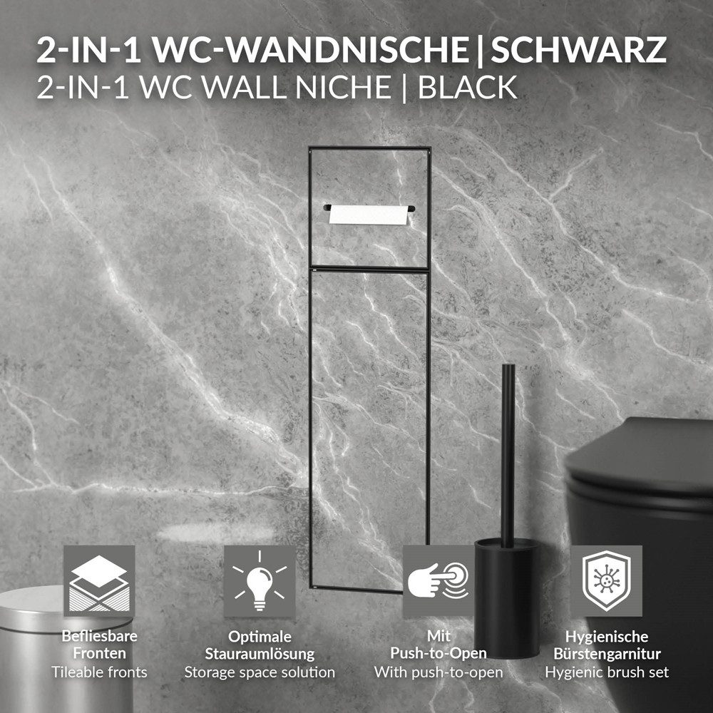 LuxeBath Toilettenpapierhalter Unterputz-Schrankmodul Edelstahl für Klobürstengarnitur befliesbar, Schwarz 60x20x14cm Badezimmerschrank für Toilettenbürste WC W – Bild 2 von 5