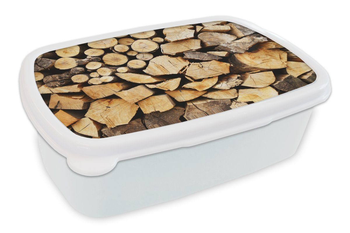 MuchoWow Lunchbox Gestapeltes Brennholz, Kunststoff, (2-tlg), Brotbox für Kinder und Erwachsene, Brotdose, für Jungs und Mädchen weiß