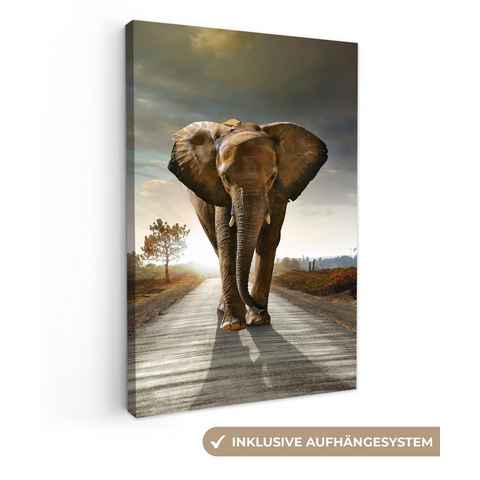 OneMillionCanvasses® Leinwandbild Elefant - Straße - Tiere - Sonnenuntergang - Landschaft, Elefant - Sonnenuntergang (1 St), Leinwandbild fertig bespannt inkl. Zackenaufhänger, Gemälde, 20x30 cm