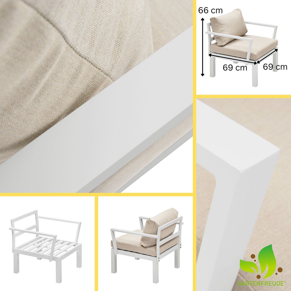 Stoff Sessel mit Gartenfreude Ambience Kissen Lichtgrau/Weiß (1-St), Gartentisch Aluminium wasserabweisenden