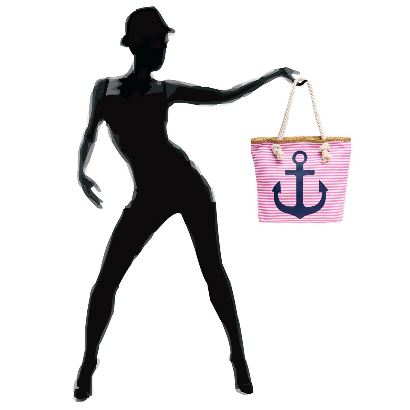 Shopper Reißverschluss ANKER Strandtasche und Streifen Damen maritimen Caspar / - Muster TS1040 mit rosa Strandtasche dunkelblau