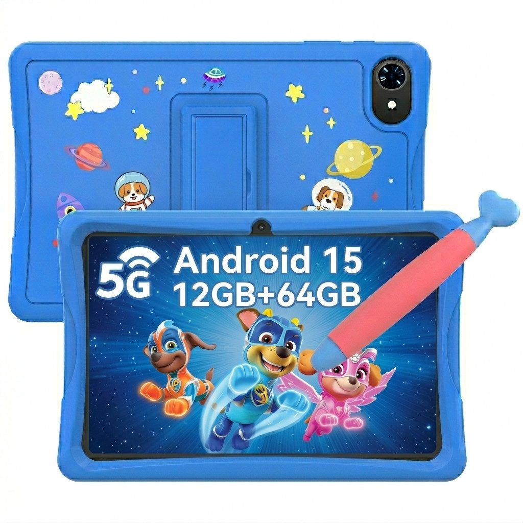 TABWEE 10" kinder tablet Android15 mit Hülle, Stift Tablet (10.1", 64 GB, Android15, Google Kids Space, 5G wifi, Android 15, Gemini AI, mit Stift)