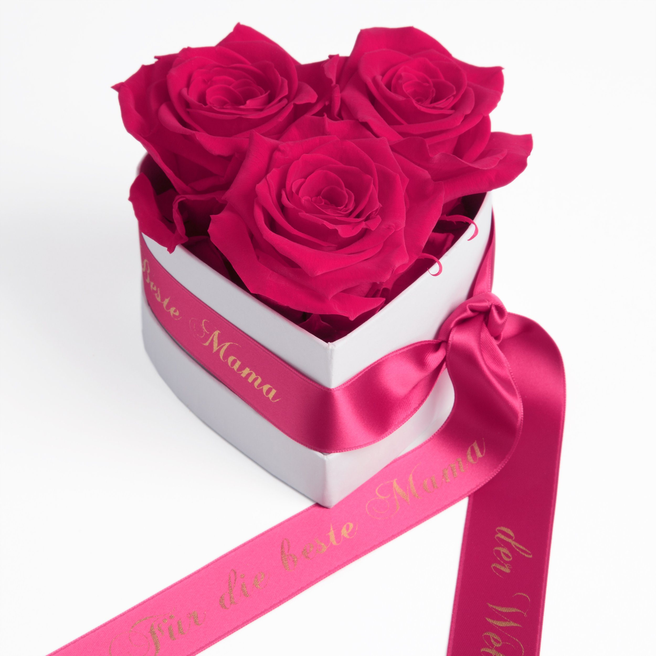 Kunstblume Rosenbox Herz 3 Infinity Rosen für die Beste Mama der Welt Geschenk Rose, ROSEMARIE SCHULZ Heidelberg, Höhe 10 cm, echte Blumen haltbar 3 Jahre Pink