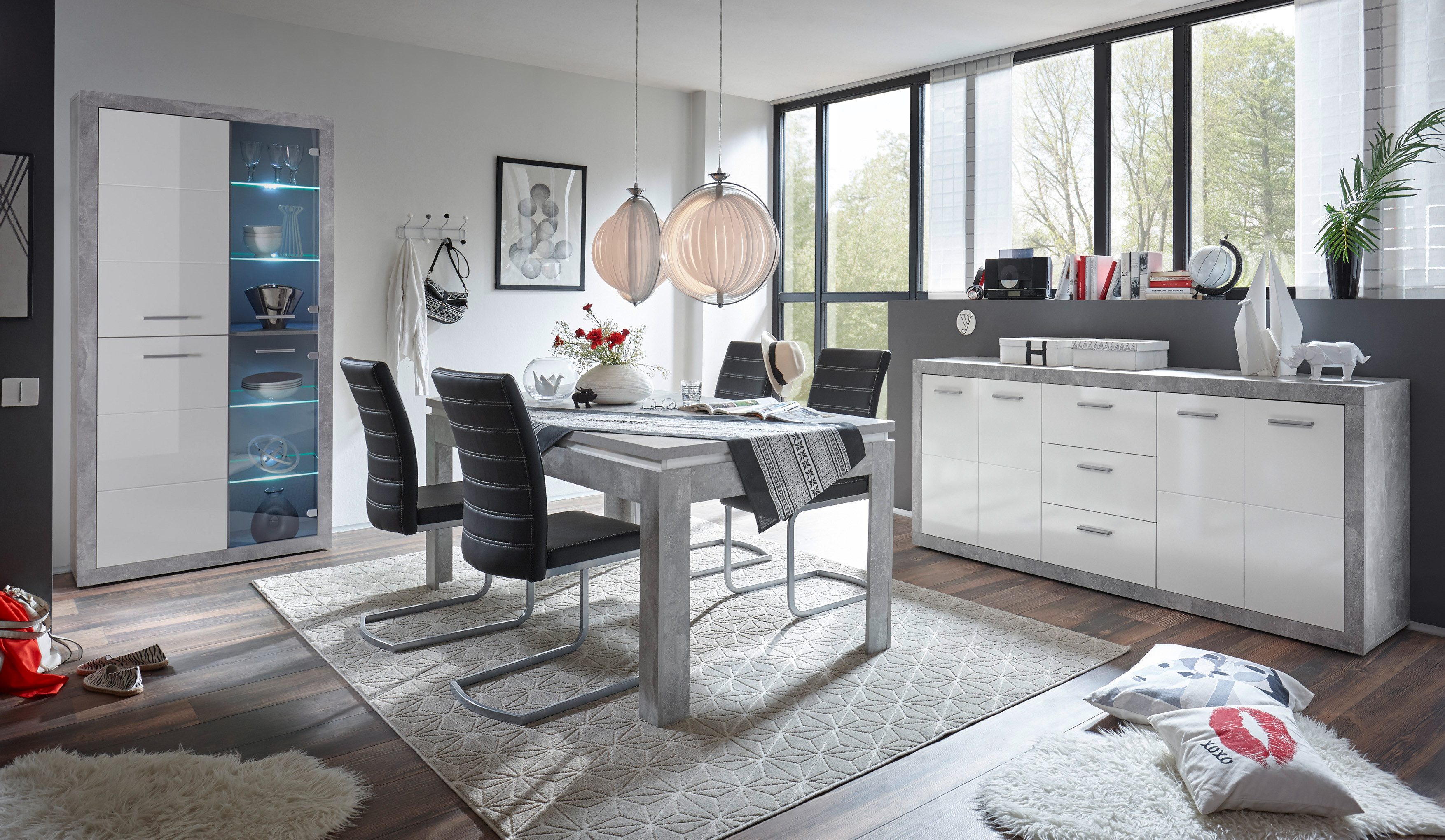 HBZ Sideboard Stone weiß Hochglanz, Wohnzimmerschrank BxHxT 206x90x45 cm (1 St), Mit 4 Türen, 3 geräumigen Schubkästen, 2 Einlegeböden verstellbar