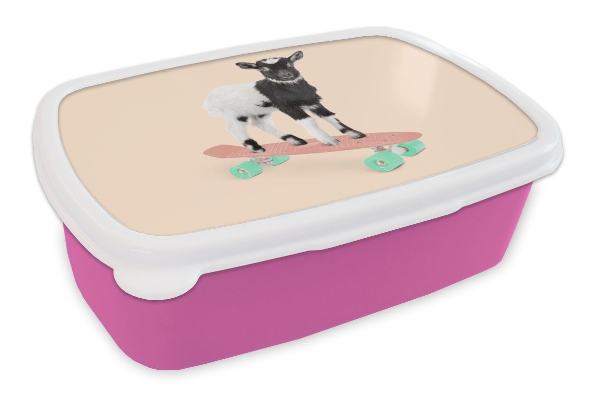 MuchoWow Lunchbox Ziege - Schwarz - Skateboard - Weiß - Tiere, Kunststoff, (2-tlg), Brotbox für Erwachsene, Brotdose Kinder, Snackbox, Mädchen, Kunststoff rosa