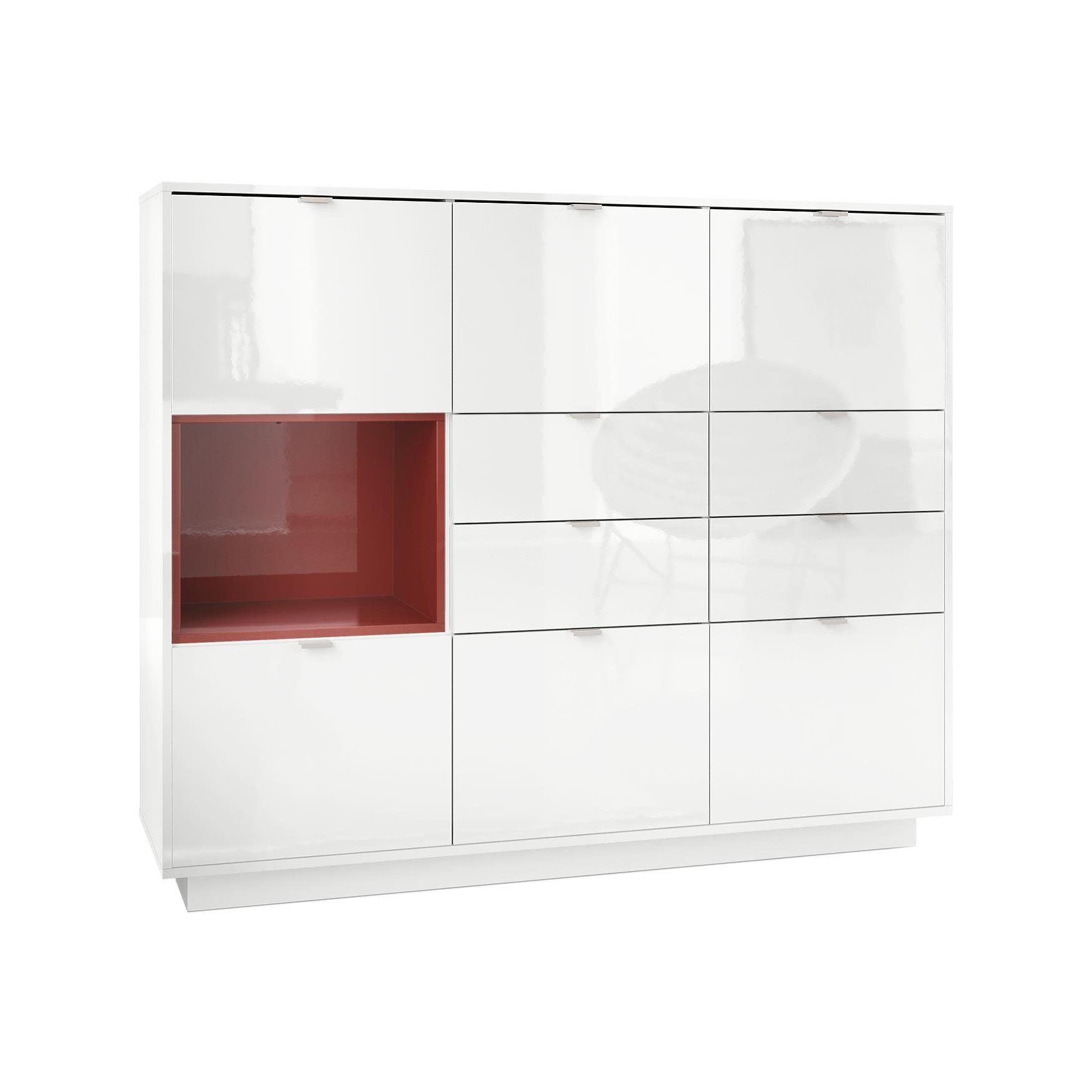 Vladon Highboard Metro (Highboard, mit 6 Türen, 4 Schubladen und 1 offenem Fach), Weiß Hochglanz/Bordeaux Hochglanz (153 x 123 x 38 cm)