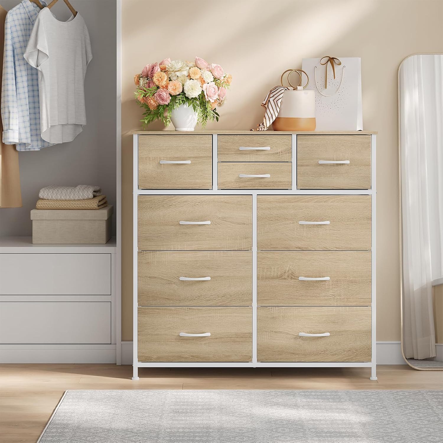 Woltu Kommode, mit 10 Schubladen aus Stoff, Metallrahmen, Industrial Stil