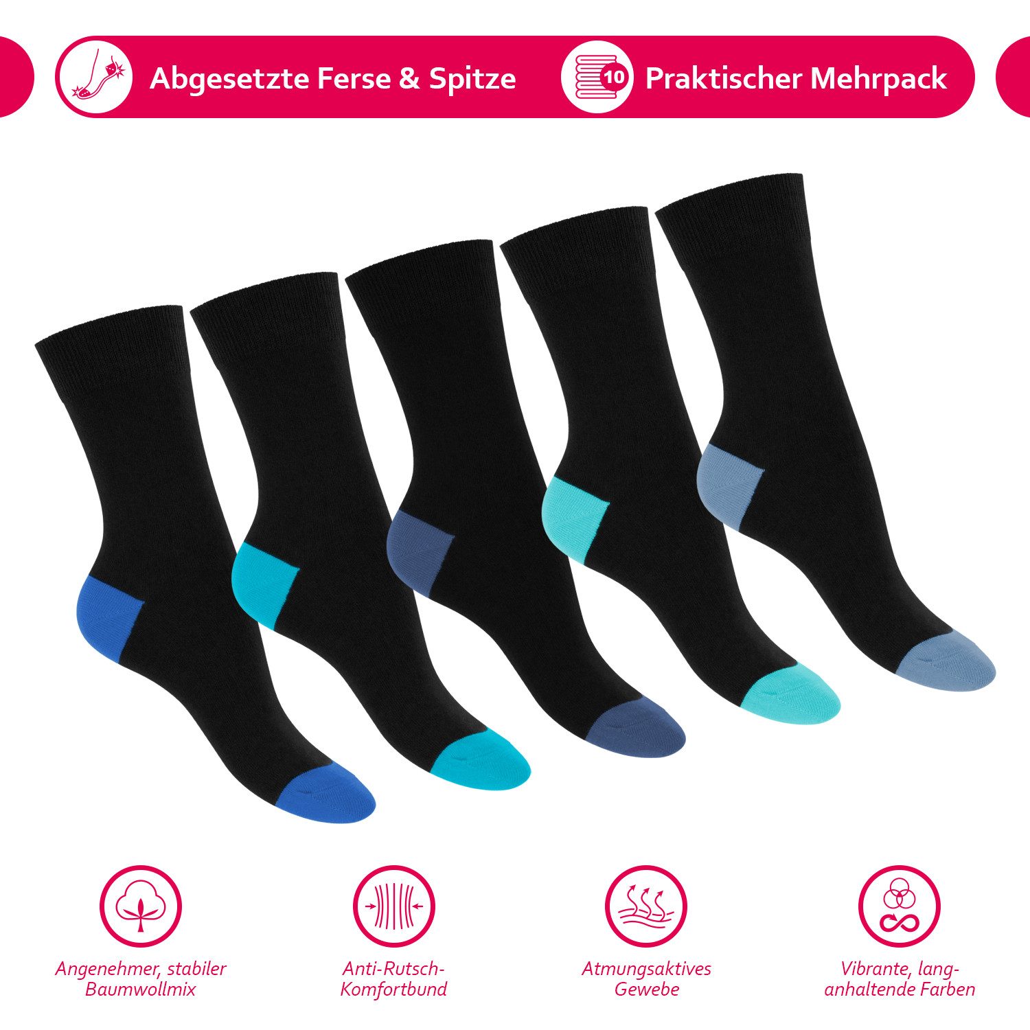 Footstar Basicsocken Damen & Herren Baumwollsocken abgesetzte Ferse/Spitze (10 Paar)