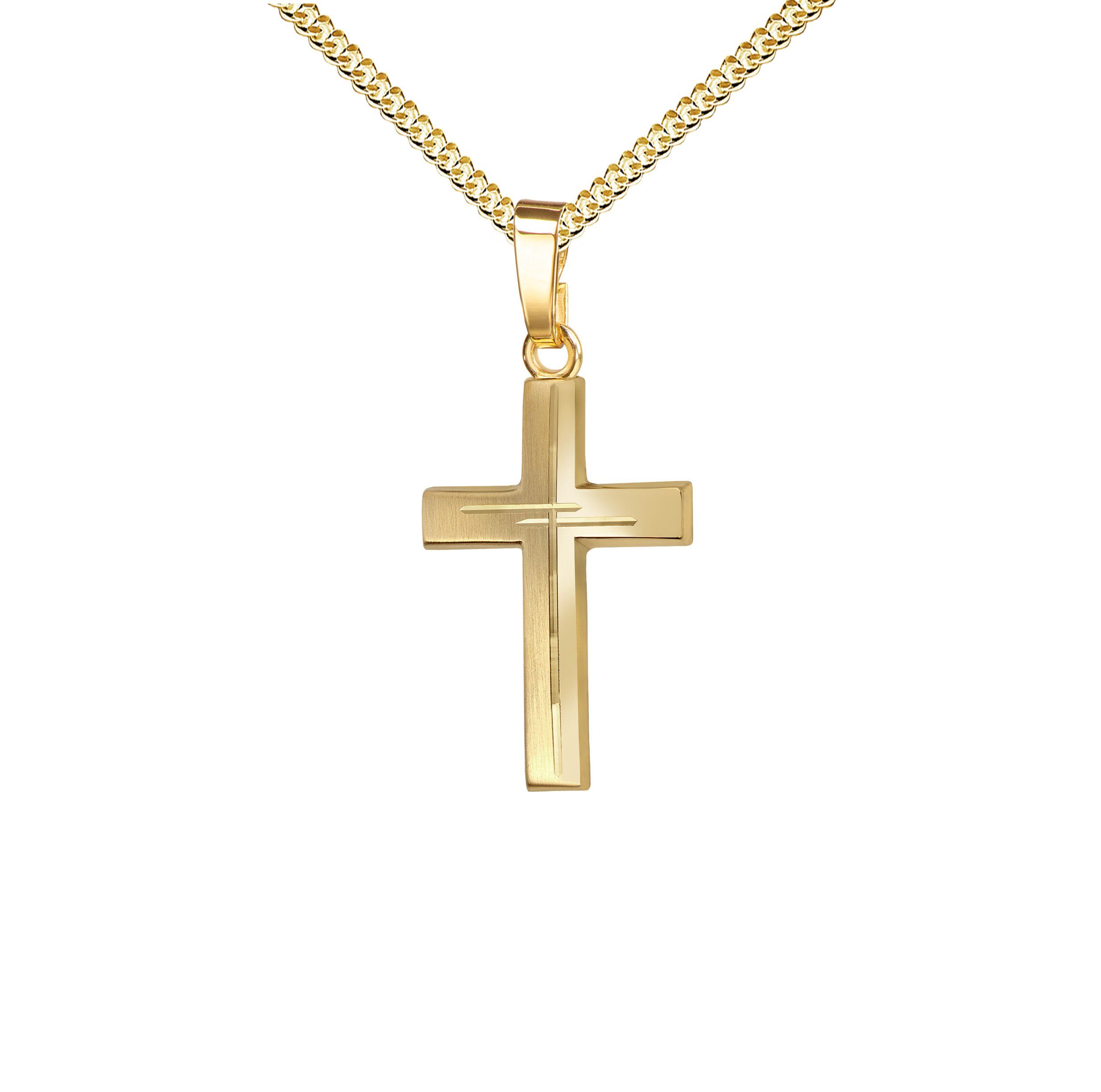 JEVELION Kreuzkette mit Diamantschliff Kreuzanhänger 585 Gold - Made in Germany (Goldkreuz, für Damen und Herren), Mit Kette vergoldet- Länge wählbar 36 - 70 cm oder ohne Kette.