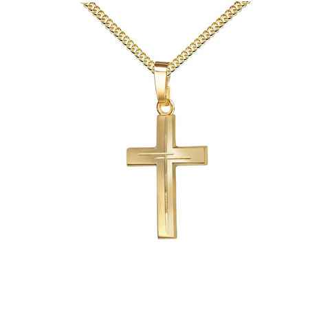 JEVELION Kreuzkette mit Diamantschliff Kreuzanhänger 585 Gold - Made in Germany (Goldkreuz, für Damen und Herren), Mit Kette vergoldet- Länge wählbar 36 - 70 cm oder ohne Kette.